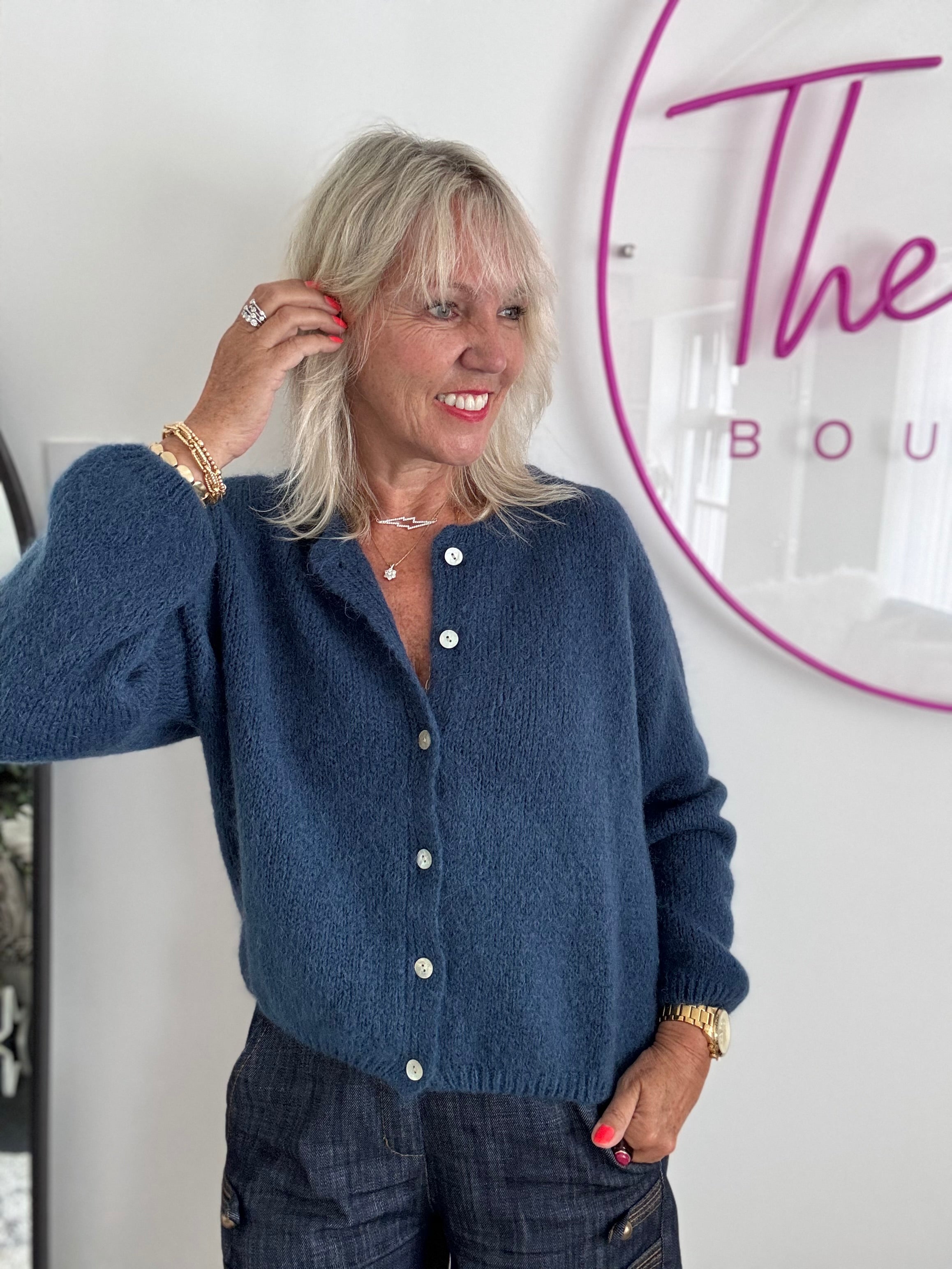 Mohair Buttoned Cardi in Denim Blue