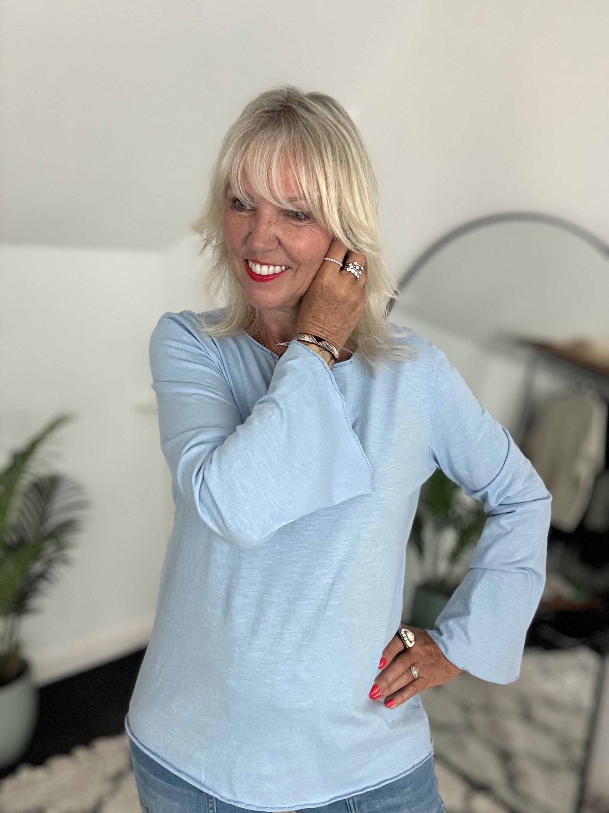 Long Sleeve Top with Flare Sleeves in Light Blue