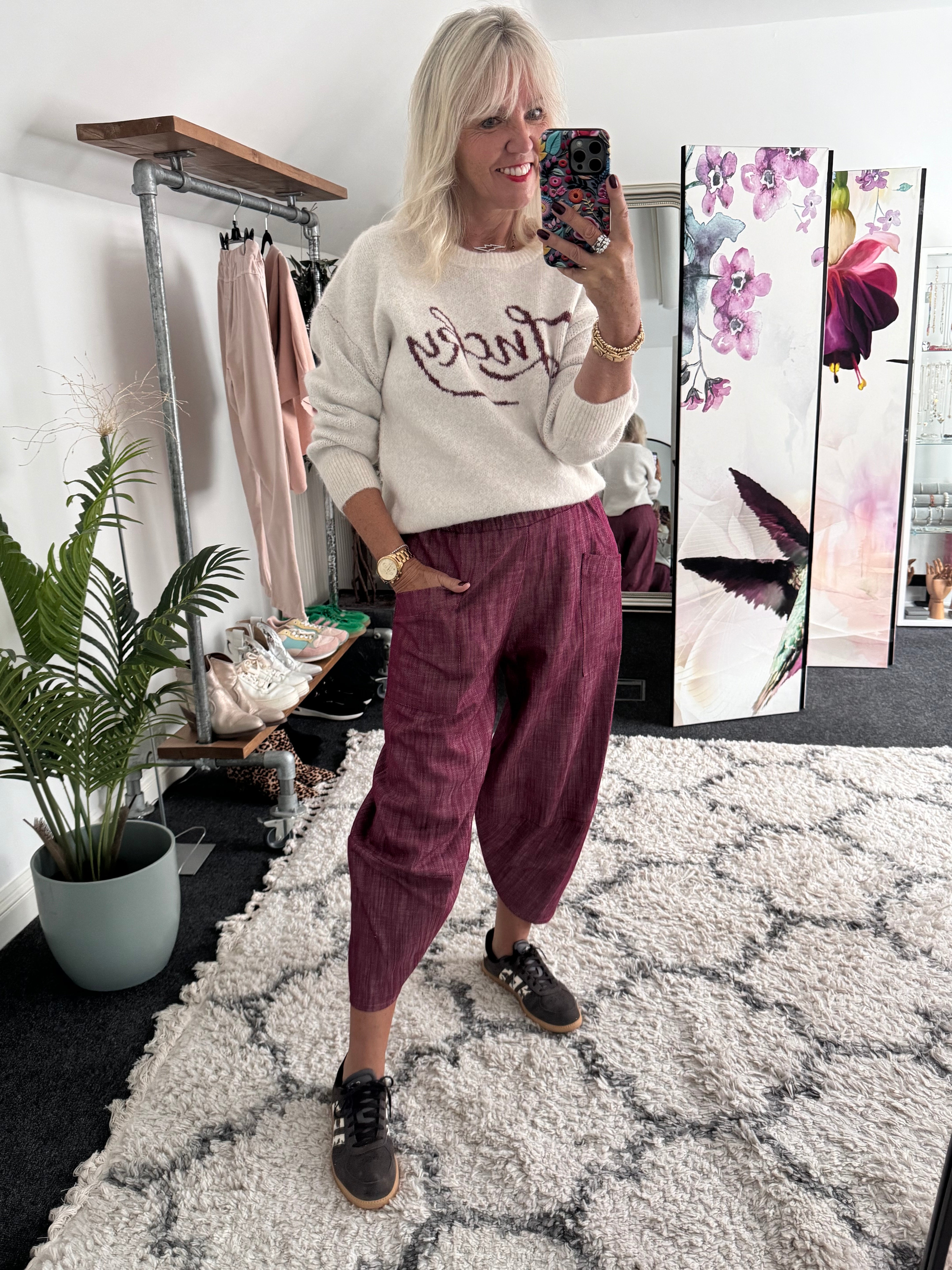 Premium Barrel Leg Trousers in Plum