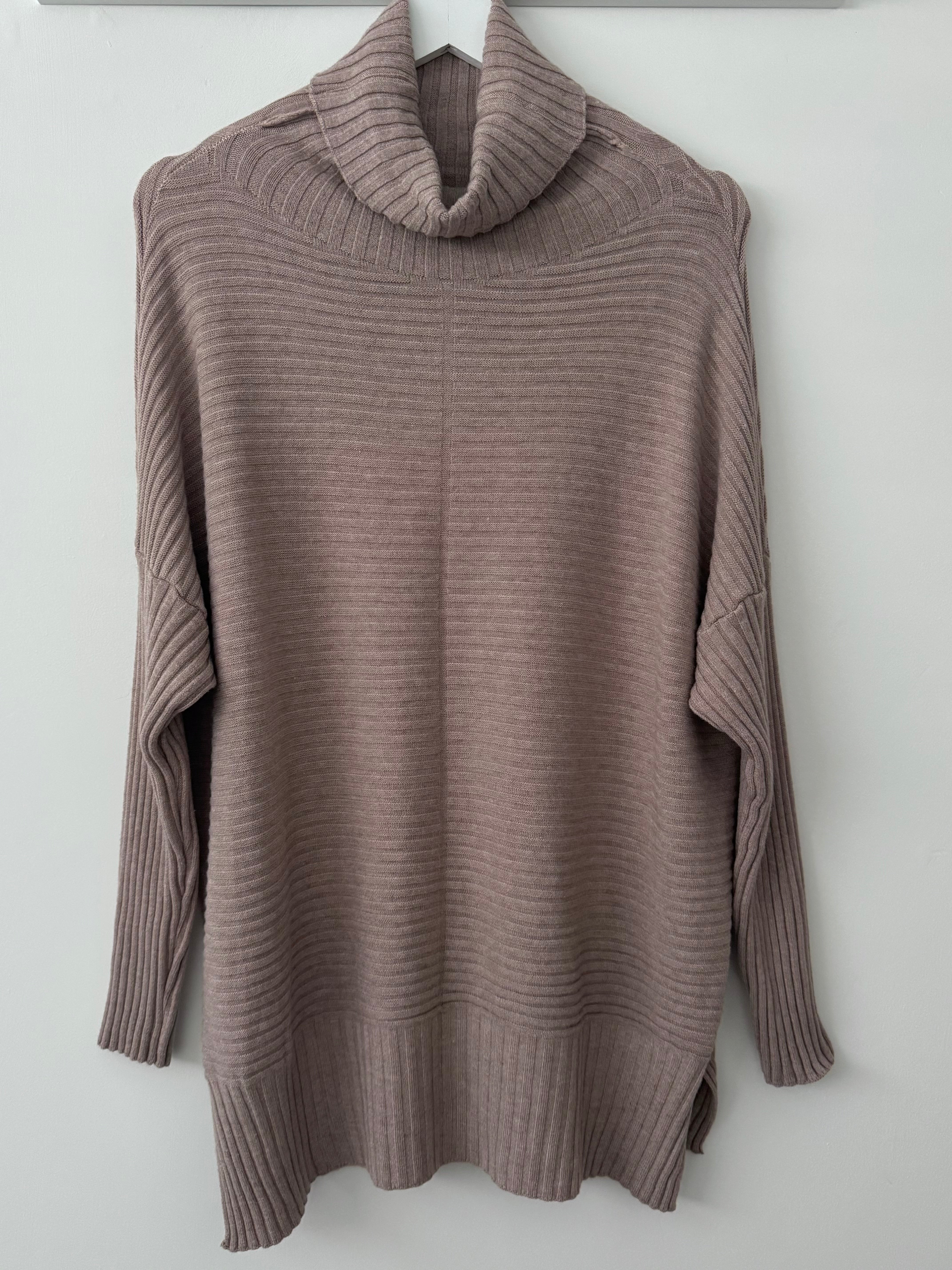 Ribbed Roll Neck Poncho Jumper in Mocha