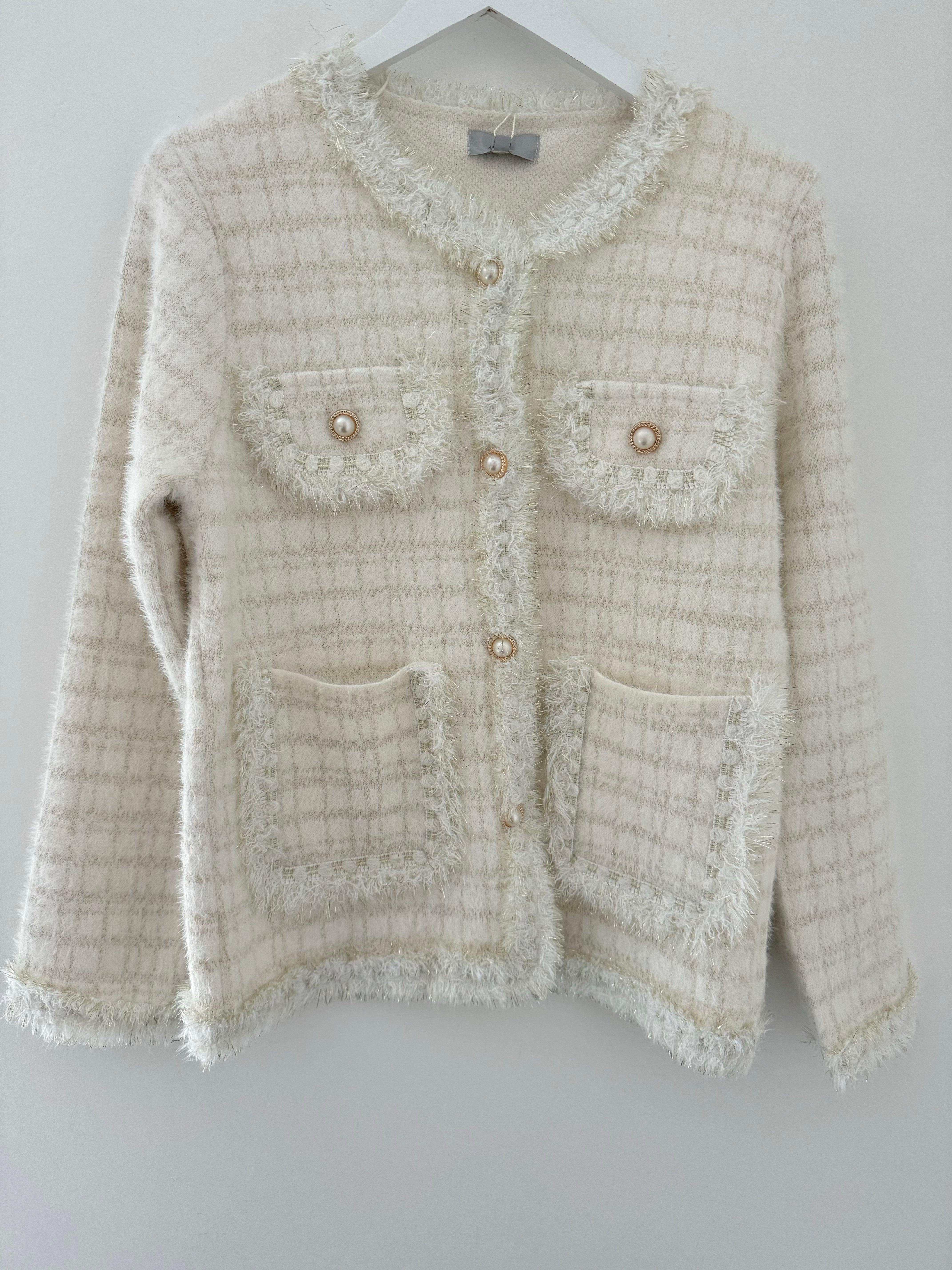 Pearl Button & Tweed Cardi Jacket in Ivory