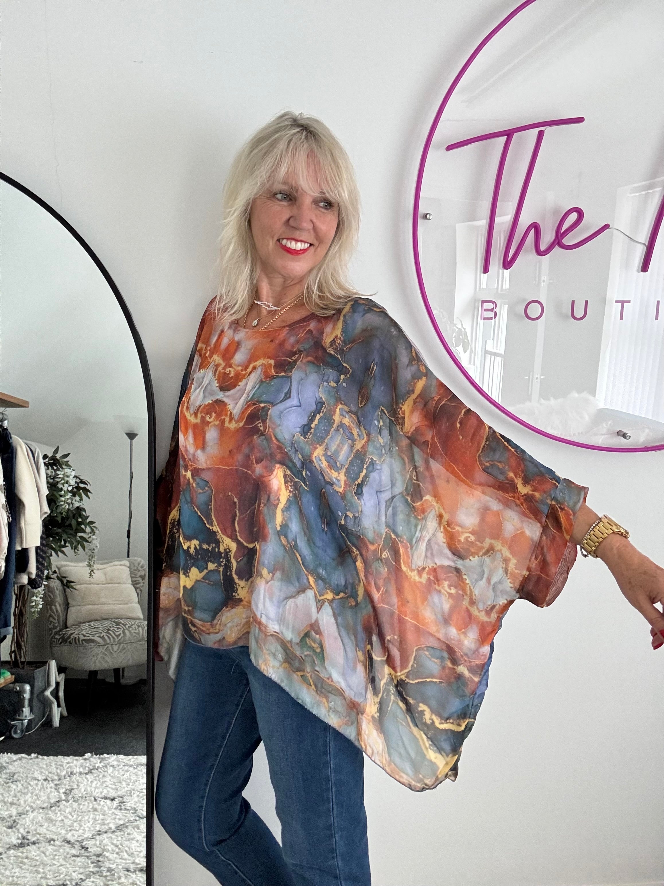 Silk Blouse in Dark Blue & Rust Marble