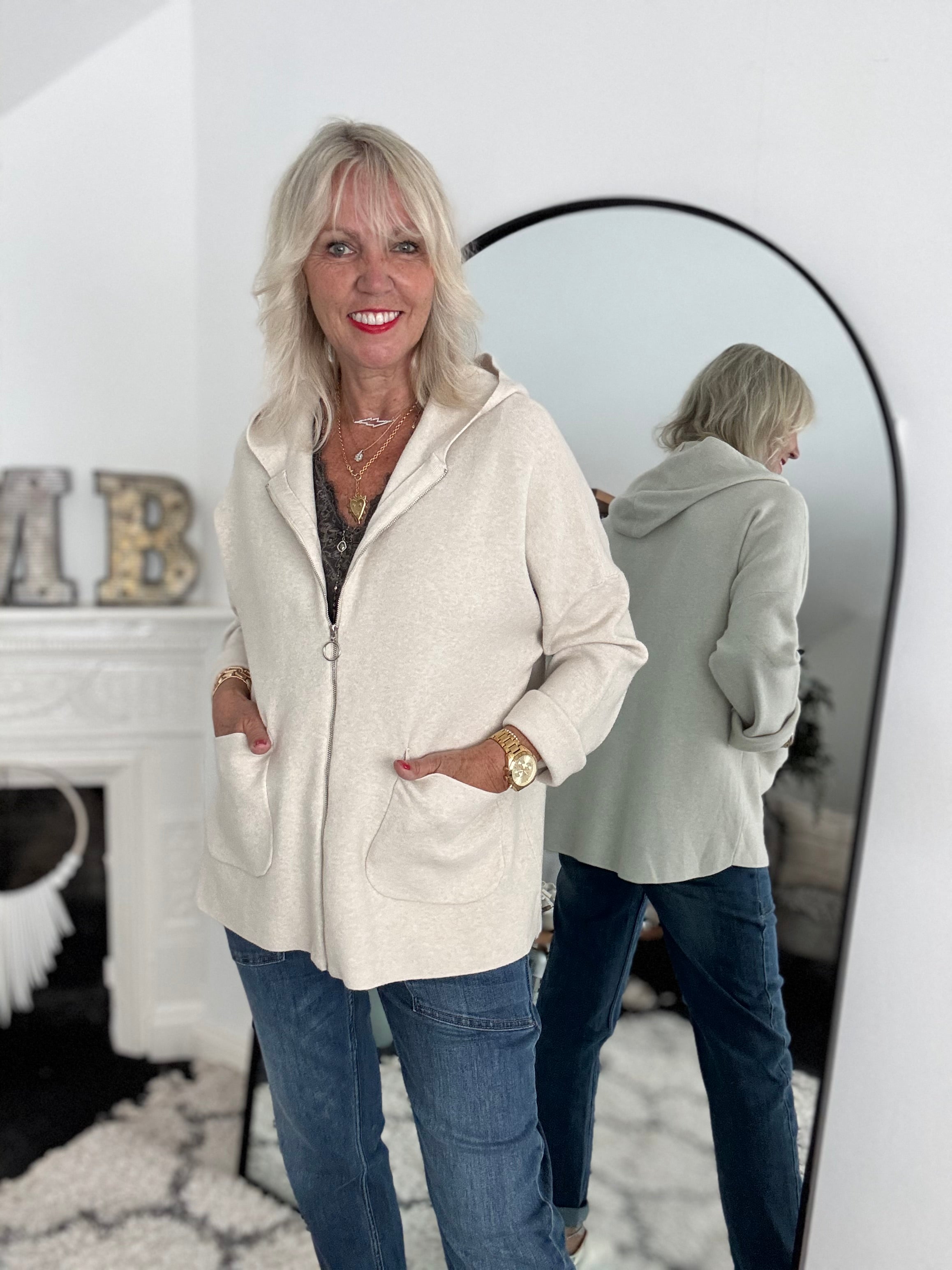 Hooded Zipped Coatigan in Ecru