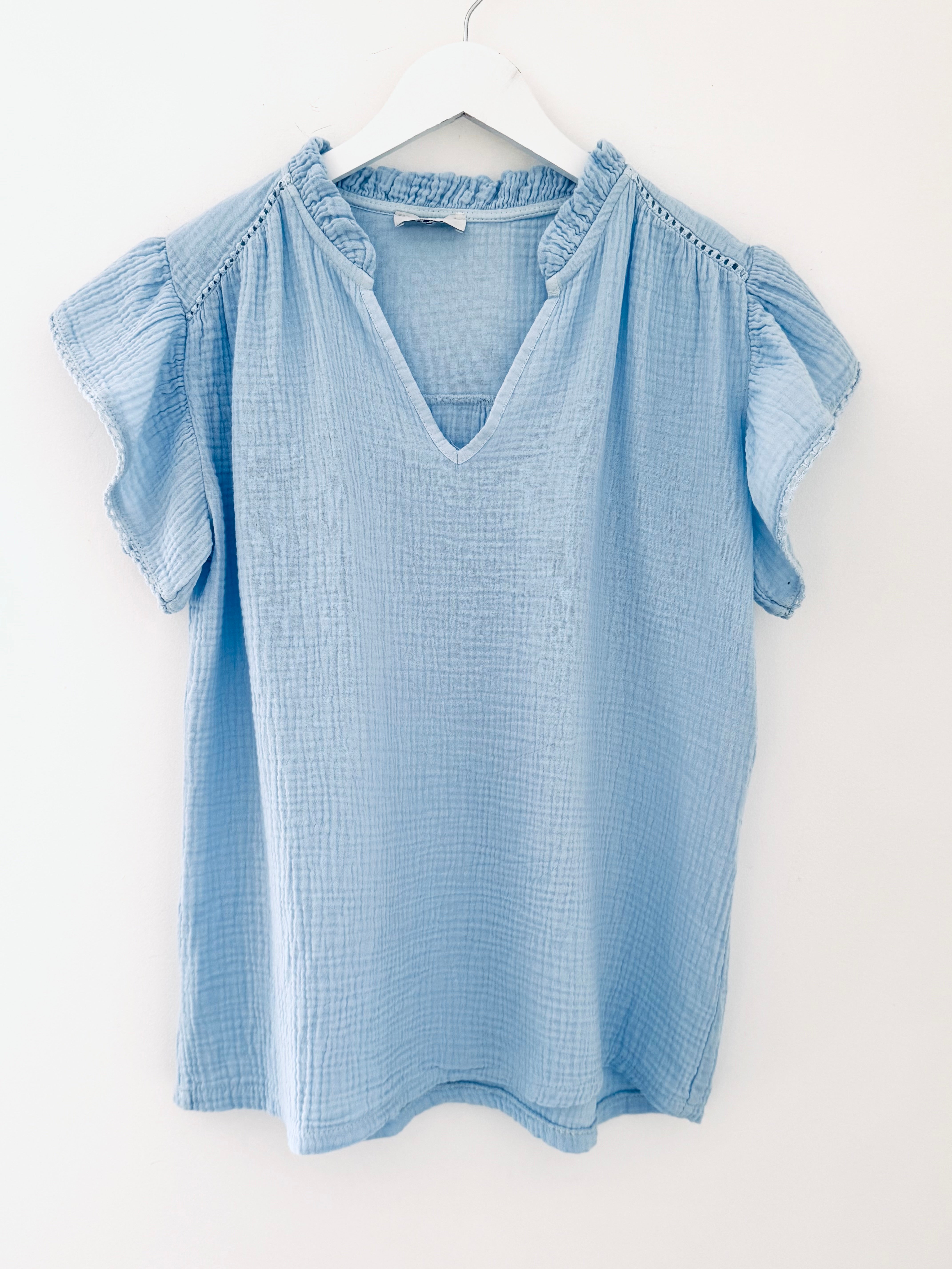Cheesecloth Top with Ruffle Sleeves in Light Blue