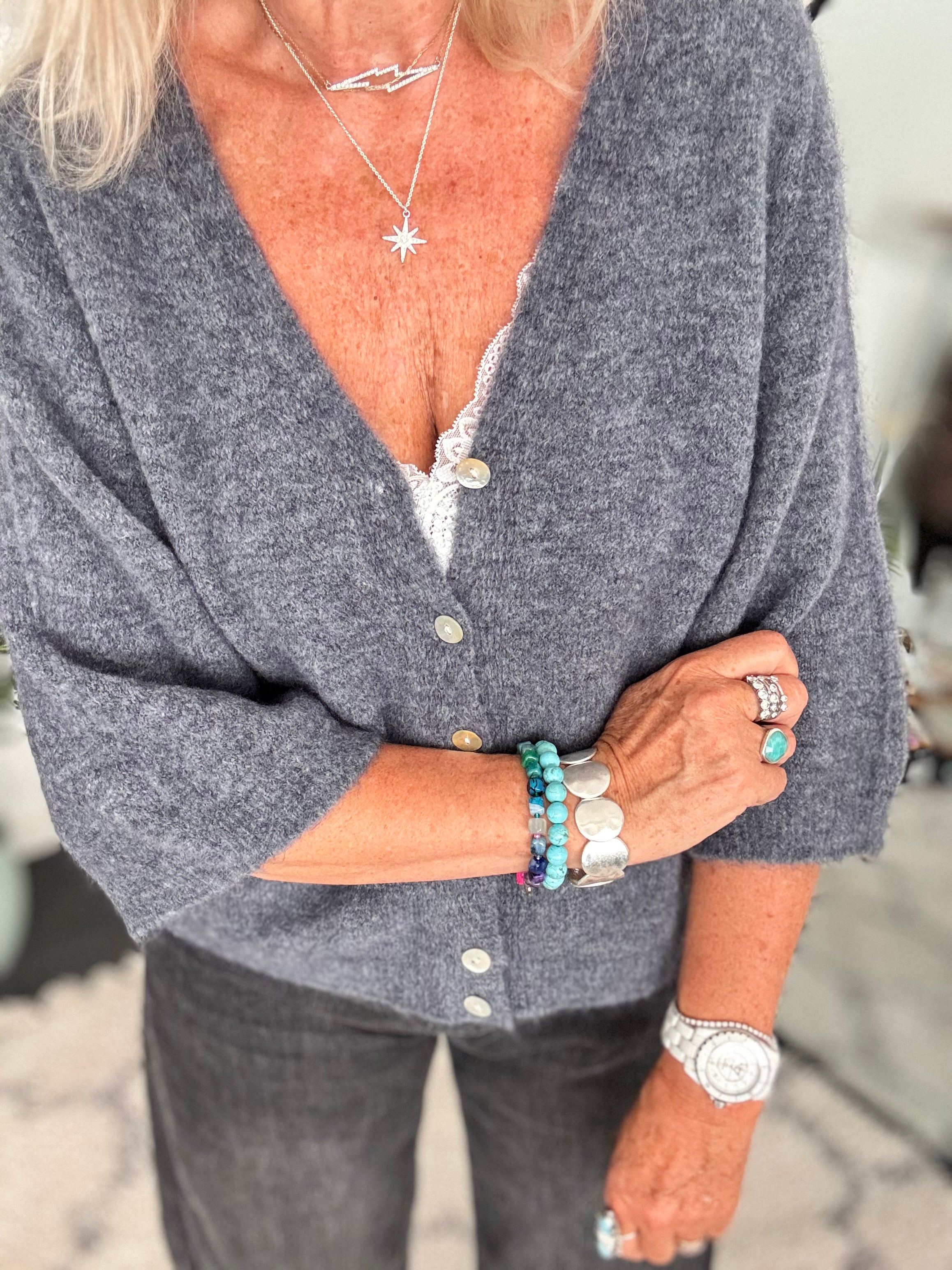 Alpaca Short Sleeve Cardi in Charcoal