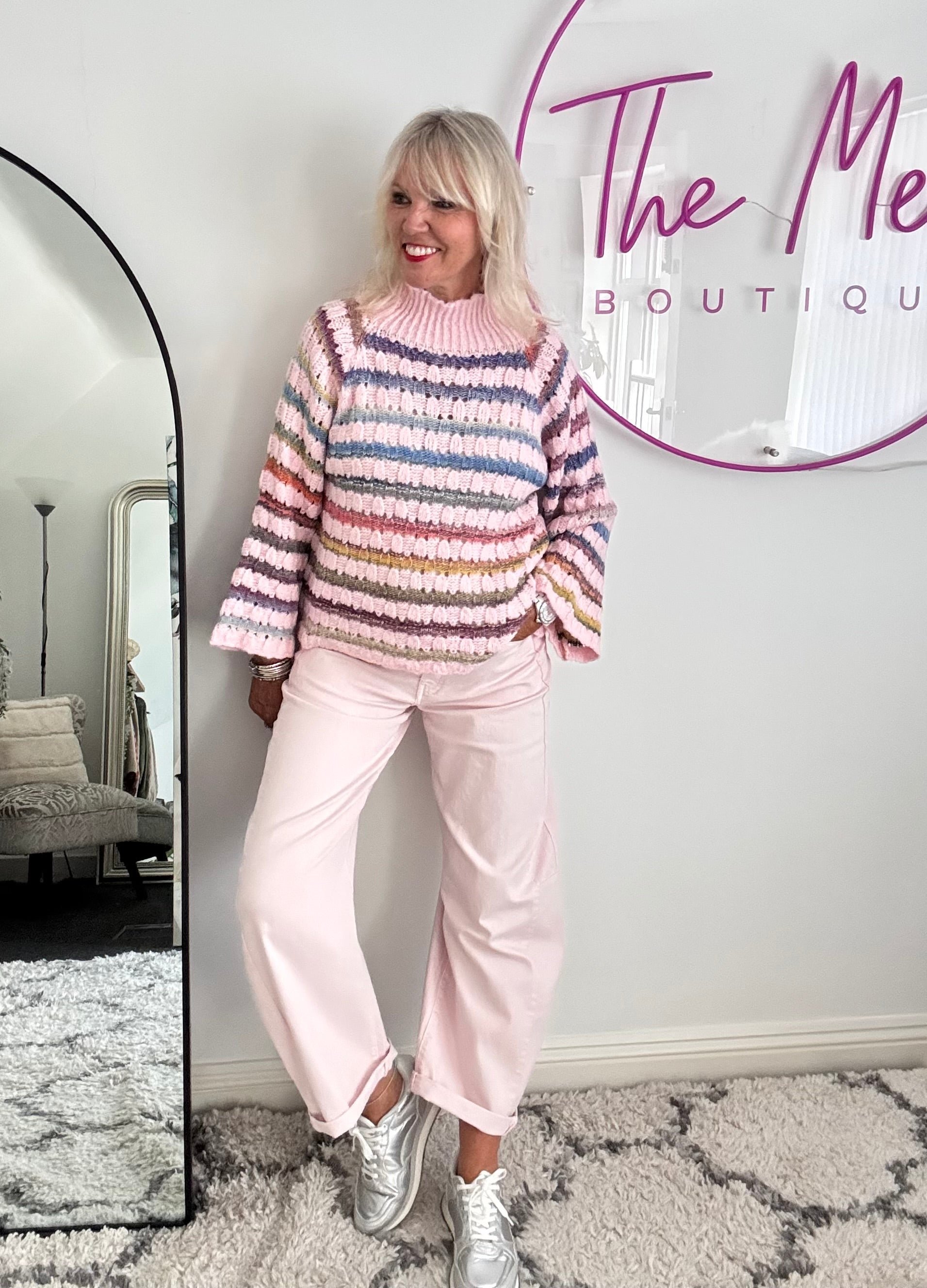 Funnel Neck Stripe Jumper in Soft Pink