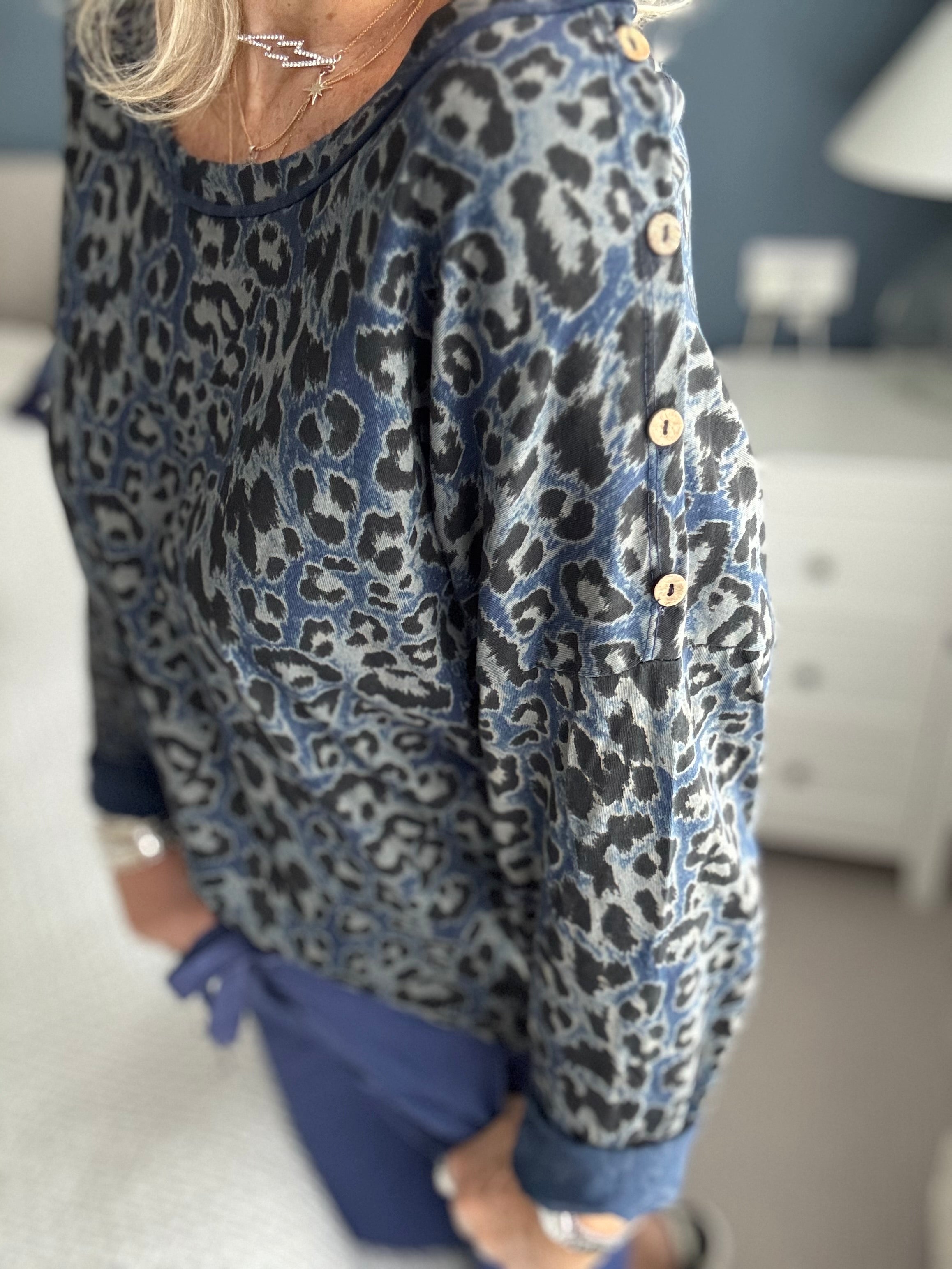 Leopard Print Cotton Top in Blue