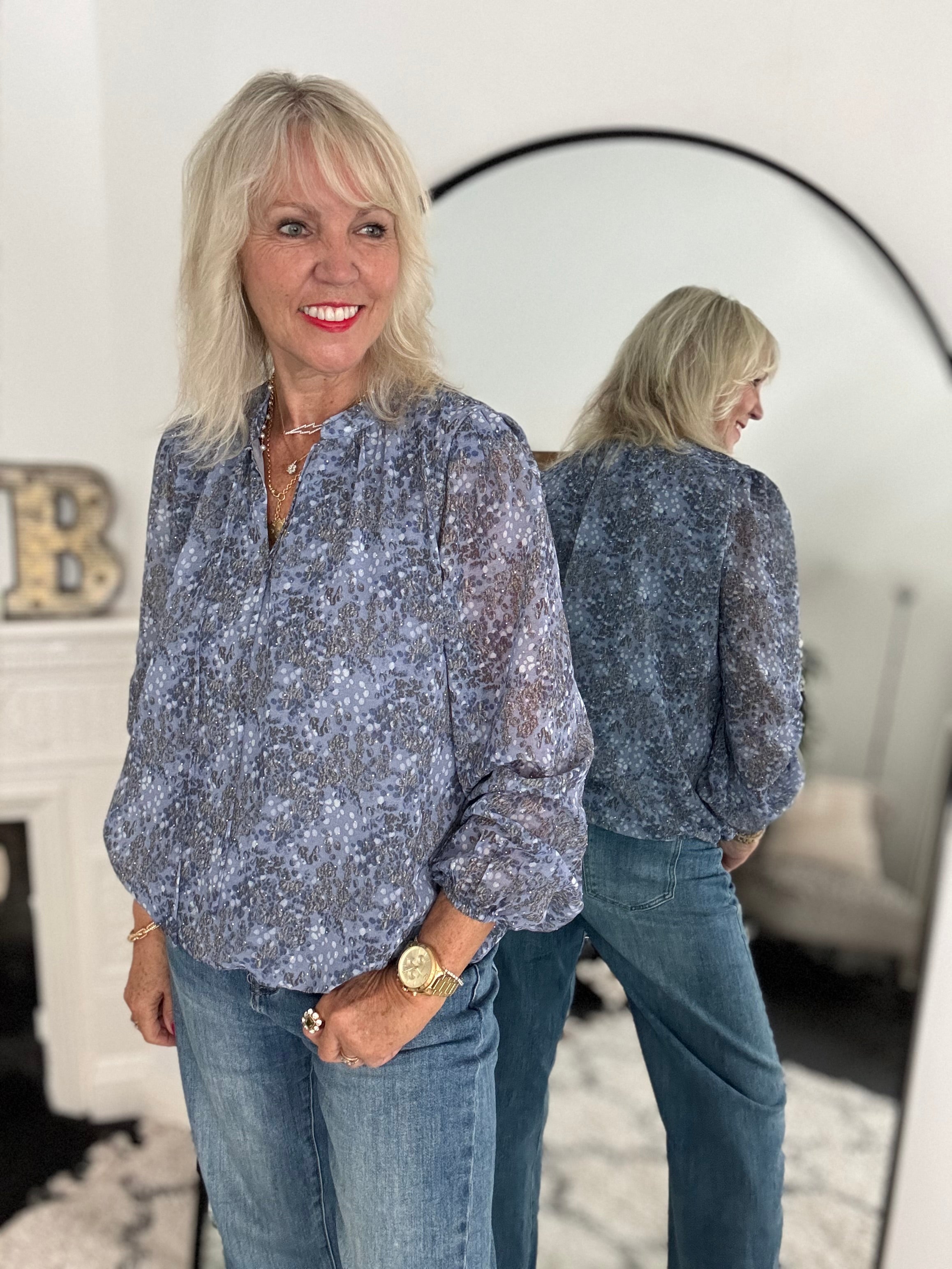 Embellished Blouse in Blue & Grey
