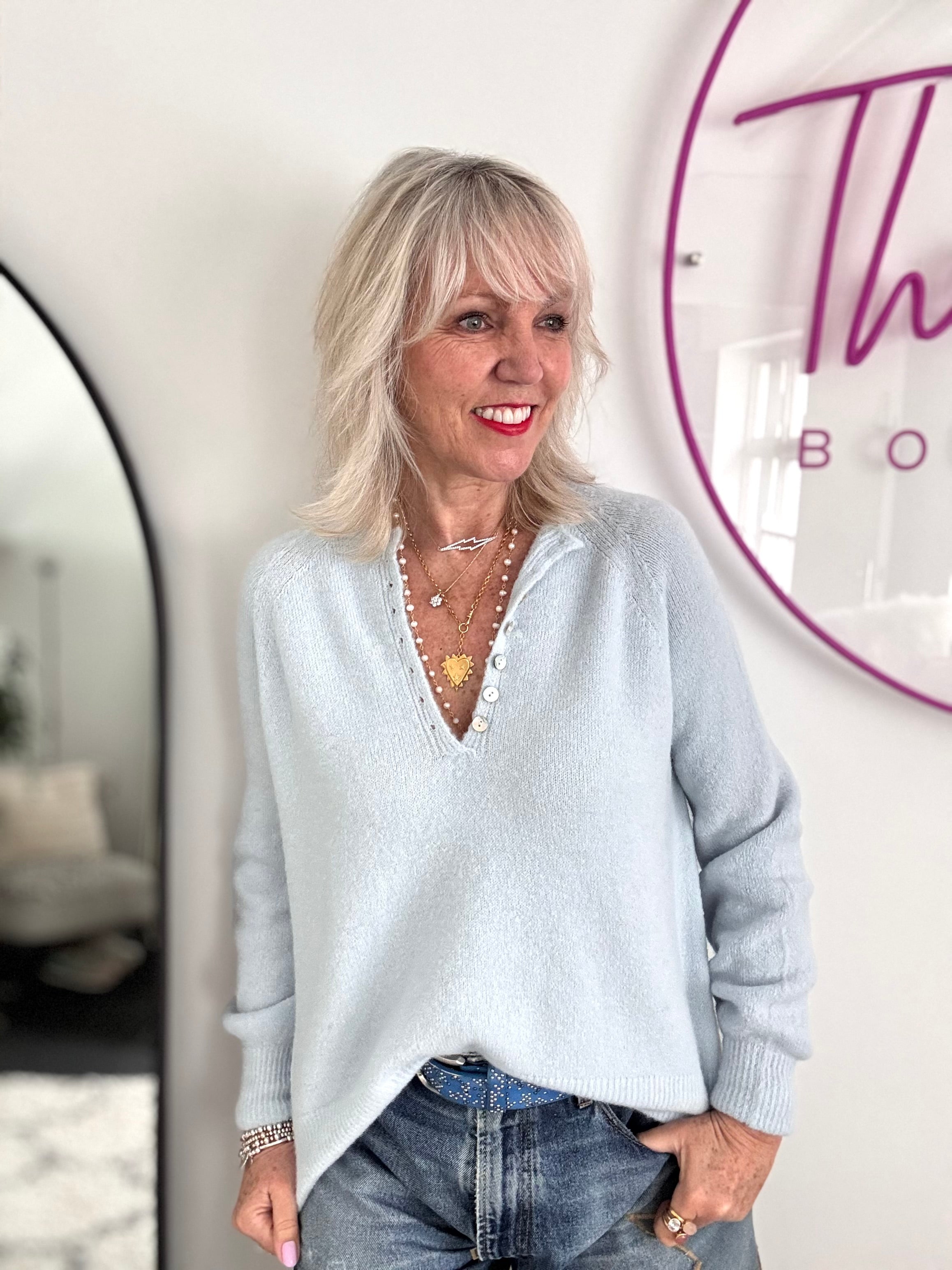 Softie Jumper with Button Neck in Ice Blue