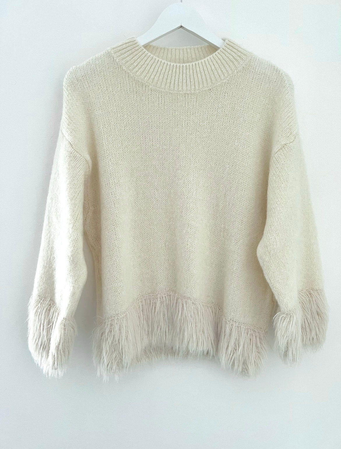 Luxe Fringe Round Neck Sweater in Ivory