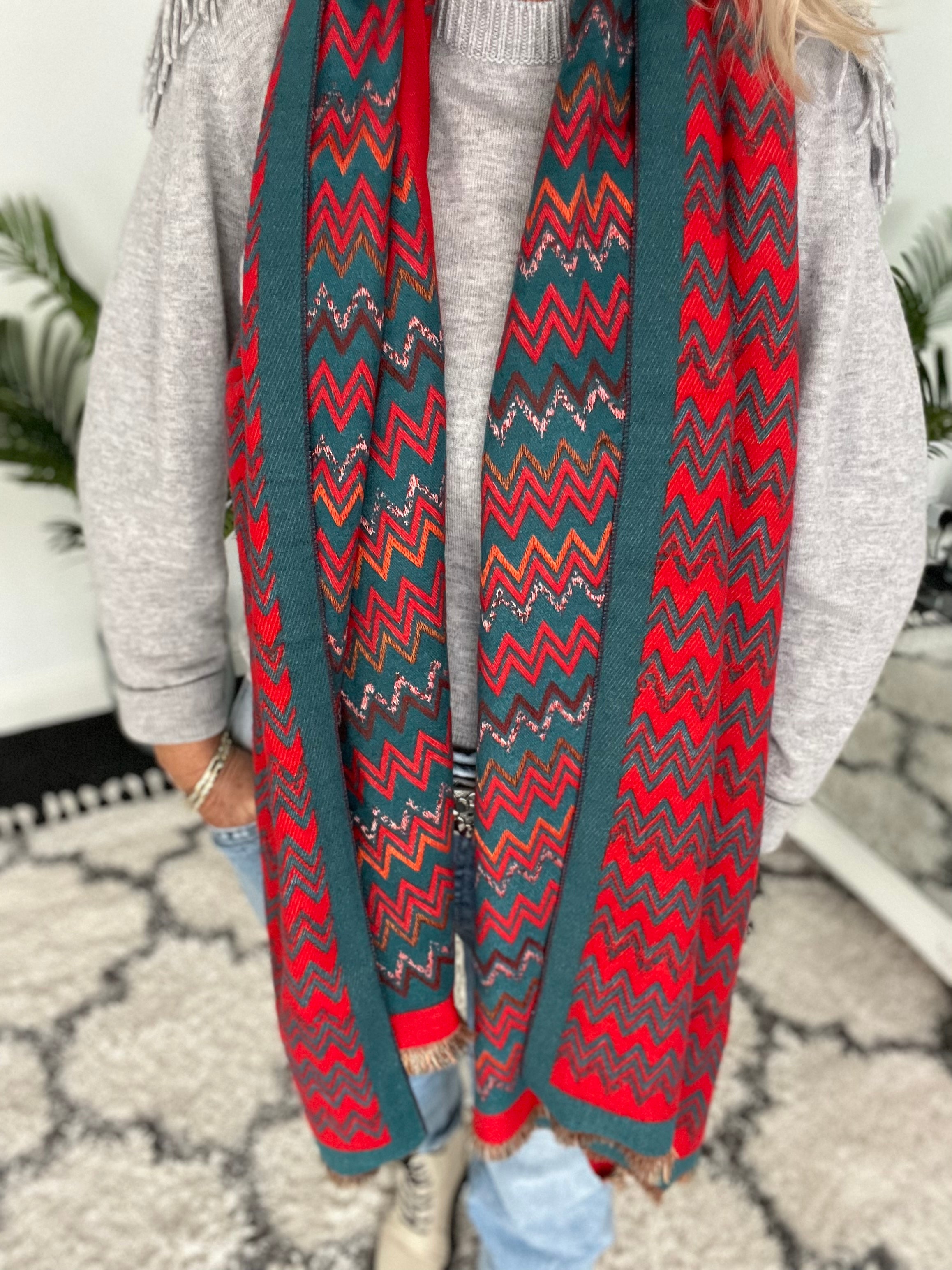 Teal & Red Zig Zag Knitted Scarf