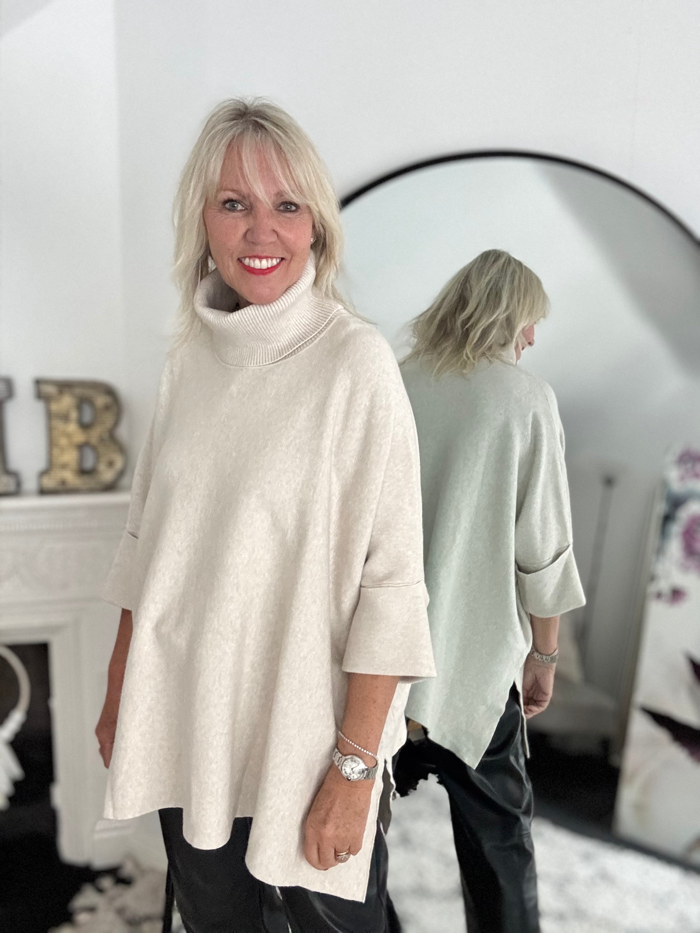 Oversized Roll Neck Poncho Jumper in Ecru