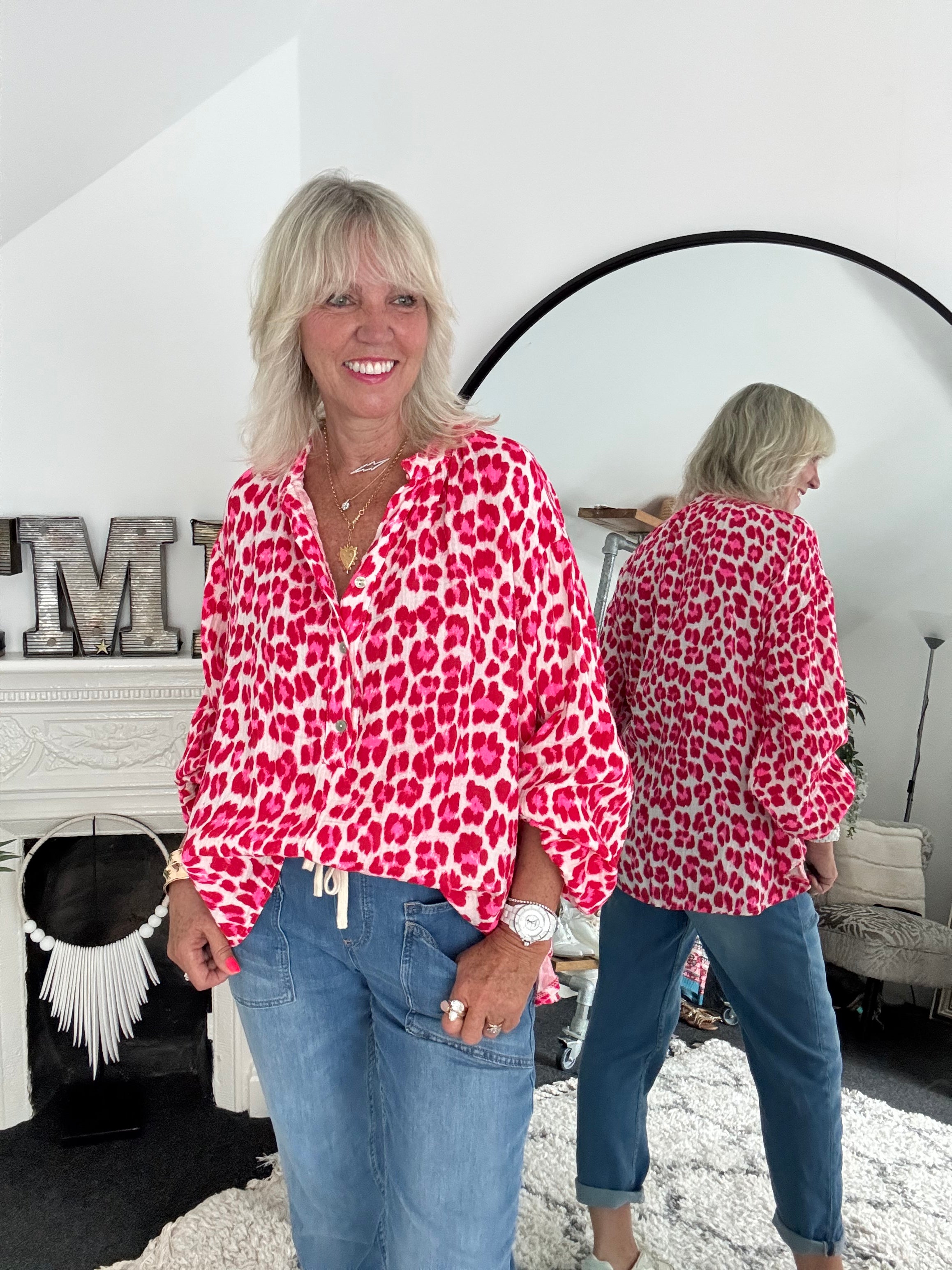 Oversized Cheesecloth Shirt in Red & Pink Leopard