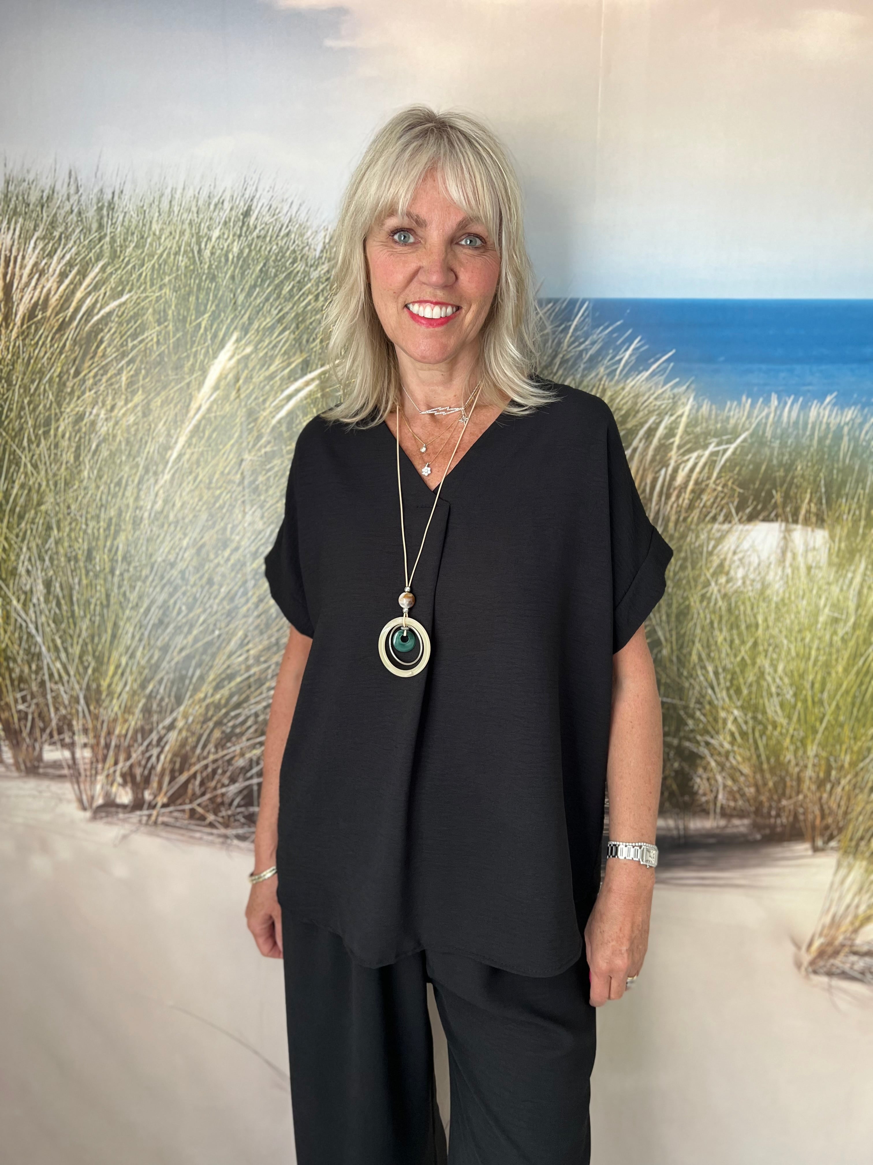 Crepe Top with Necklace in Black