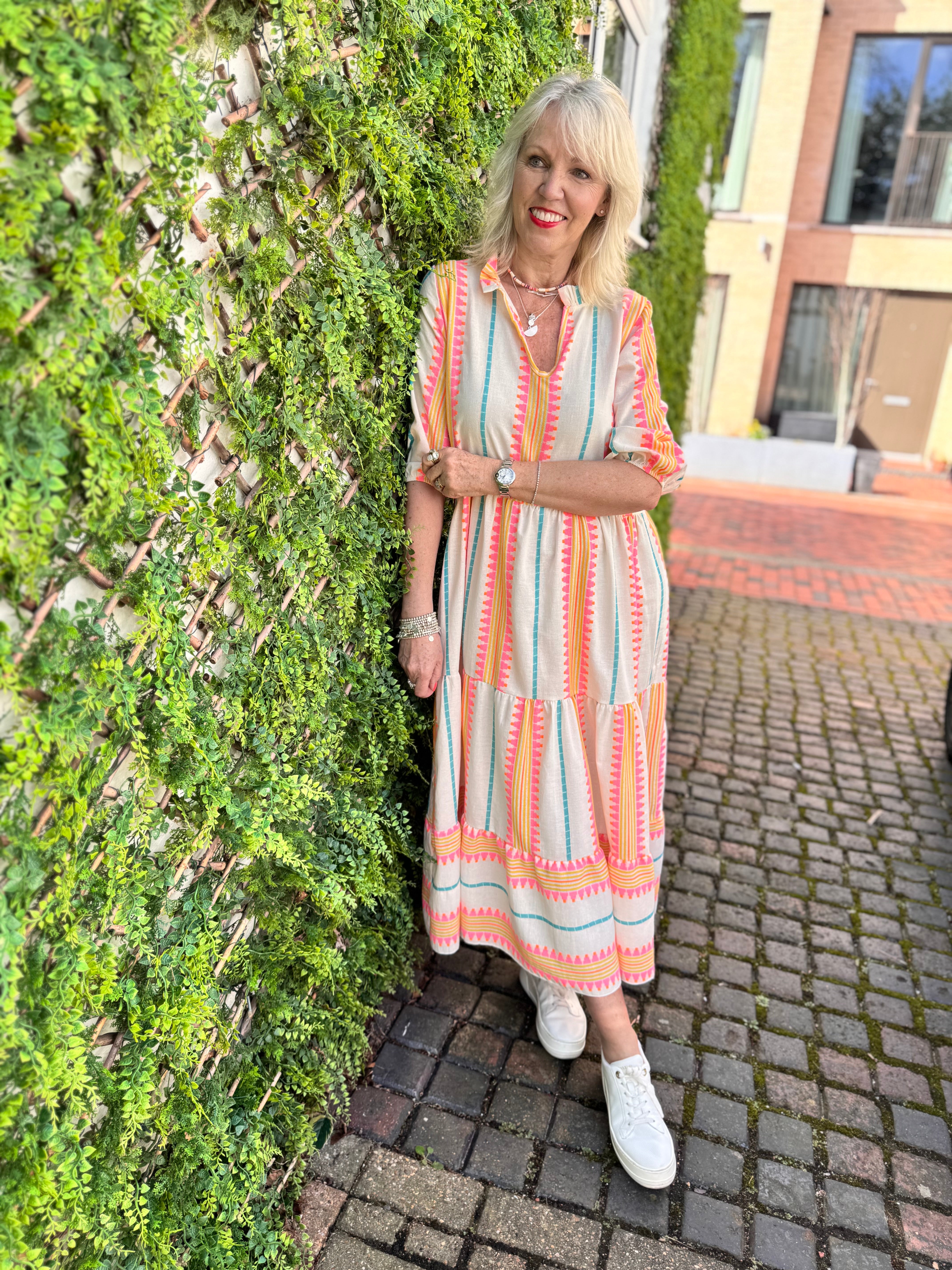 Embroidered Midi Dress in Pink & Neon