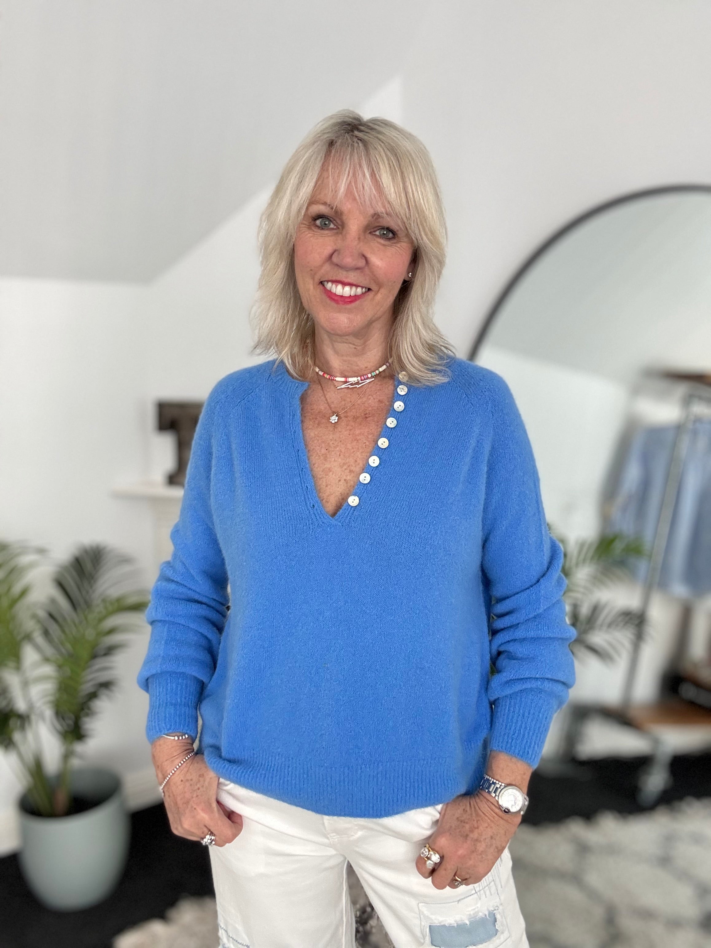 Softie Jumper with Button Neck in Cornflower