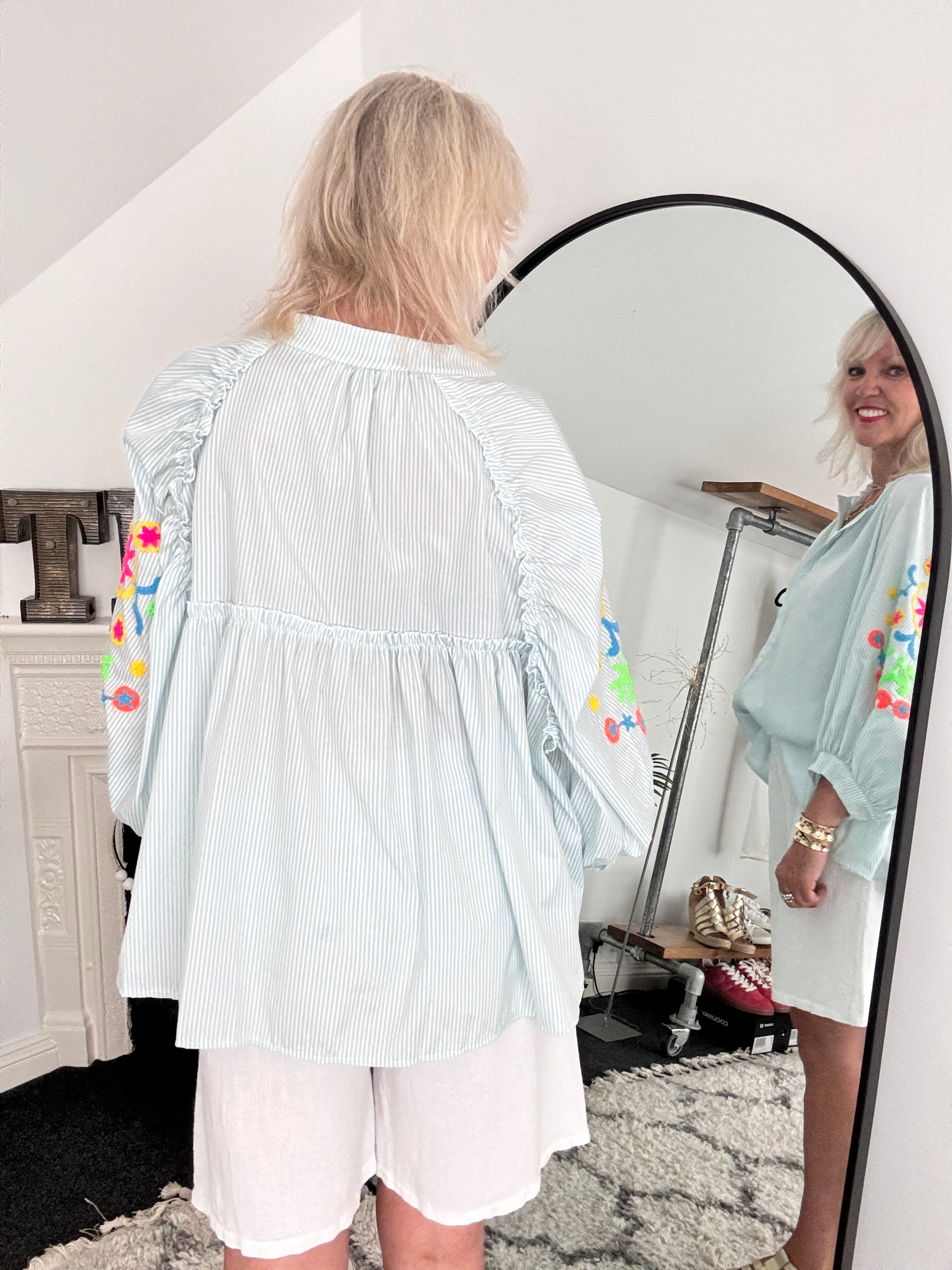 Designer Stripe Shirt with Neon Embroidered Sleeves in Seafoam Green