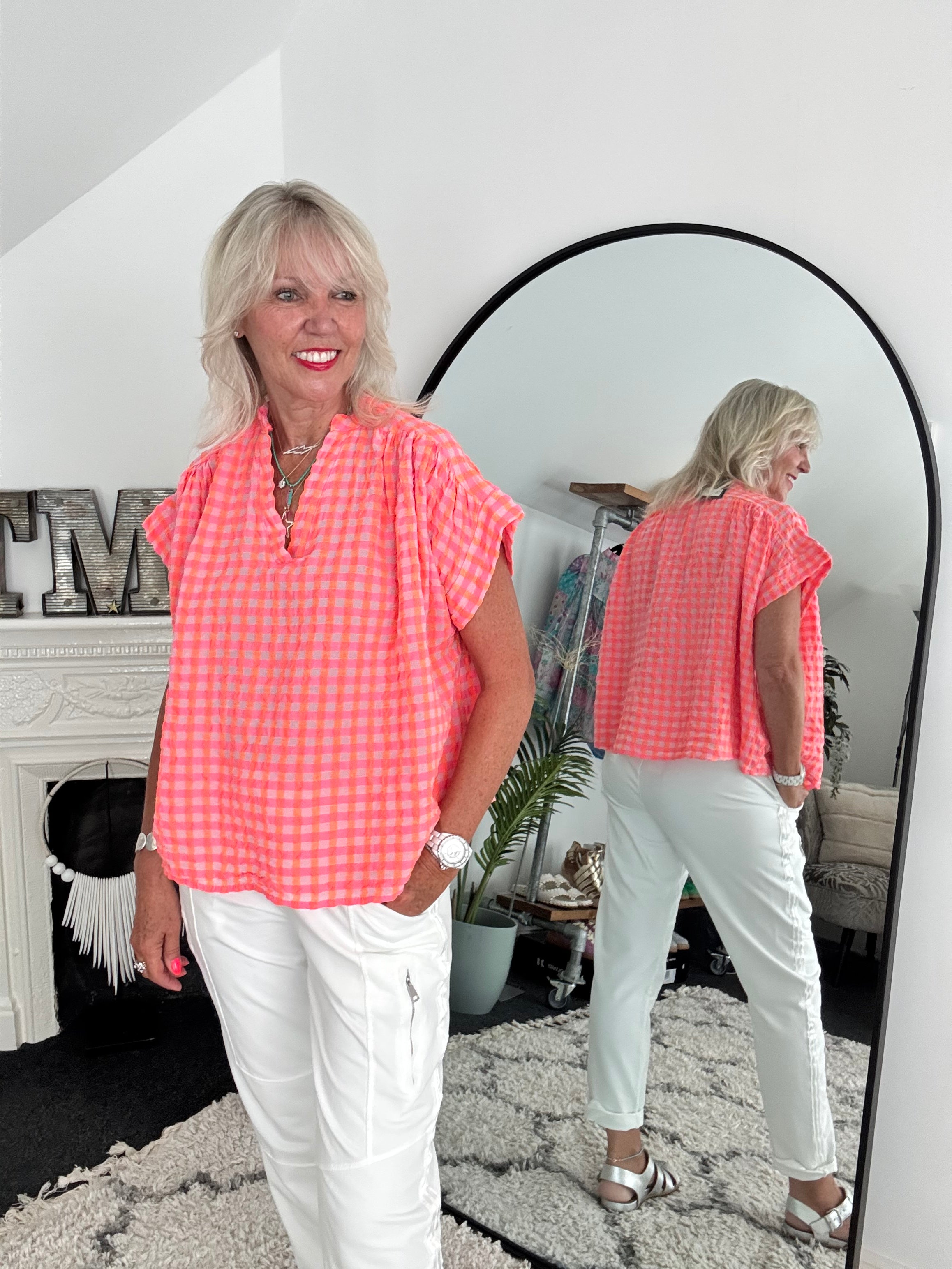 Check Top in Neon Pink & Orange