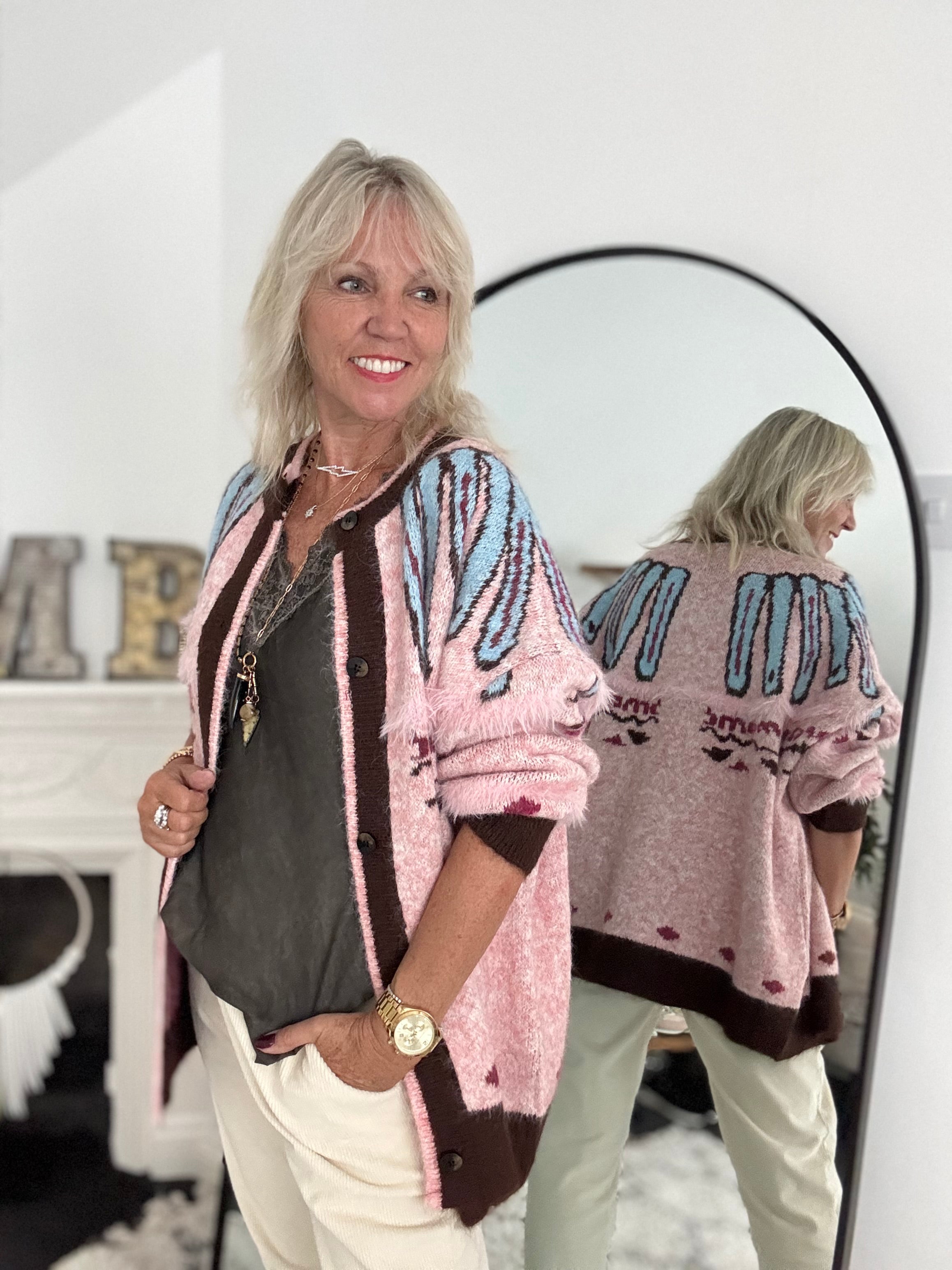 Oversized Designer Cardi in Pink & Chocolate