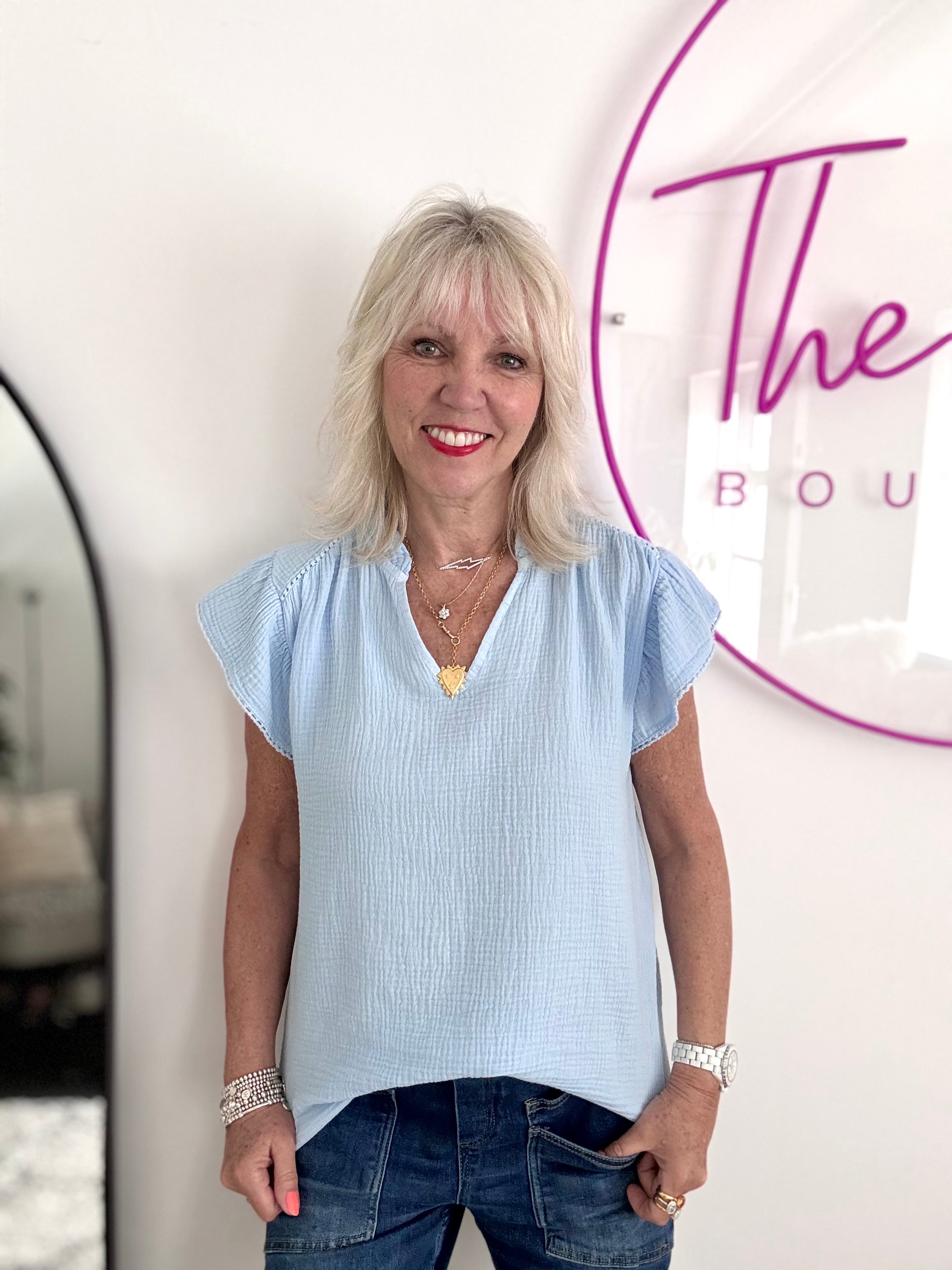 Cheesecloth Top with Ruffle Sleeves in Light Blue