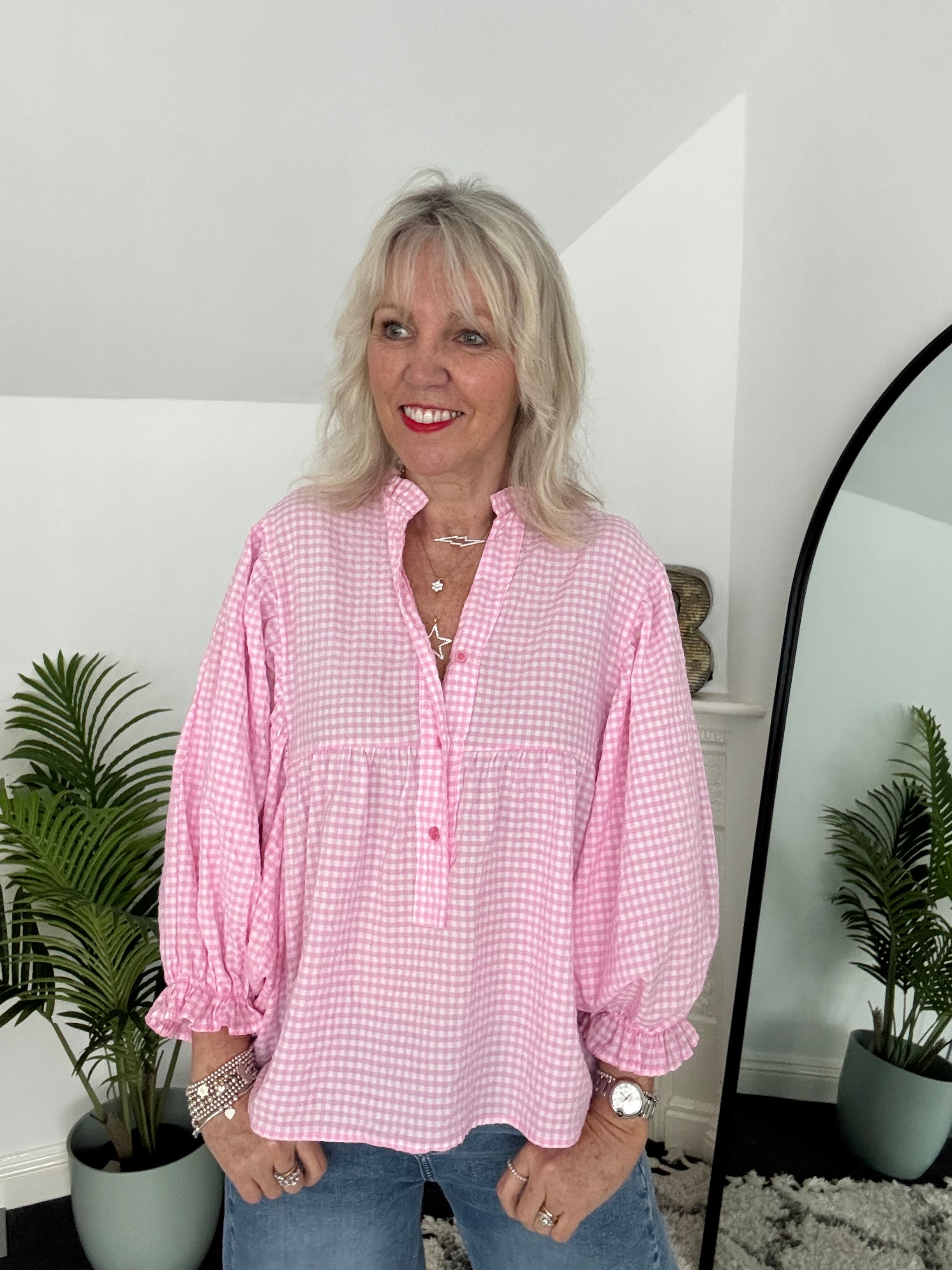 Gingham Seersucker Blouse in Candy Pink