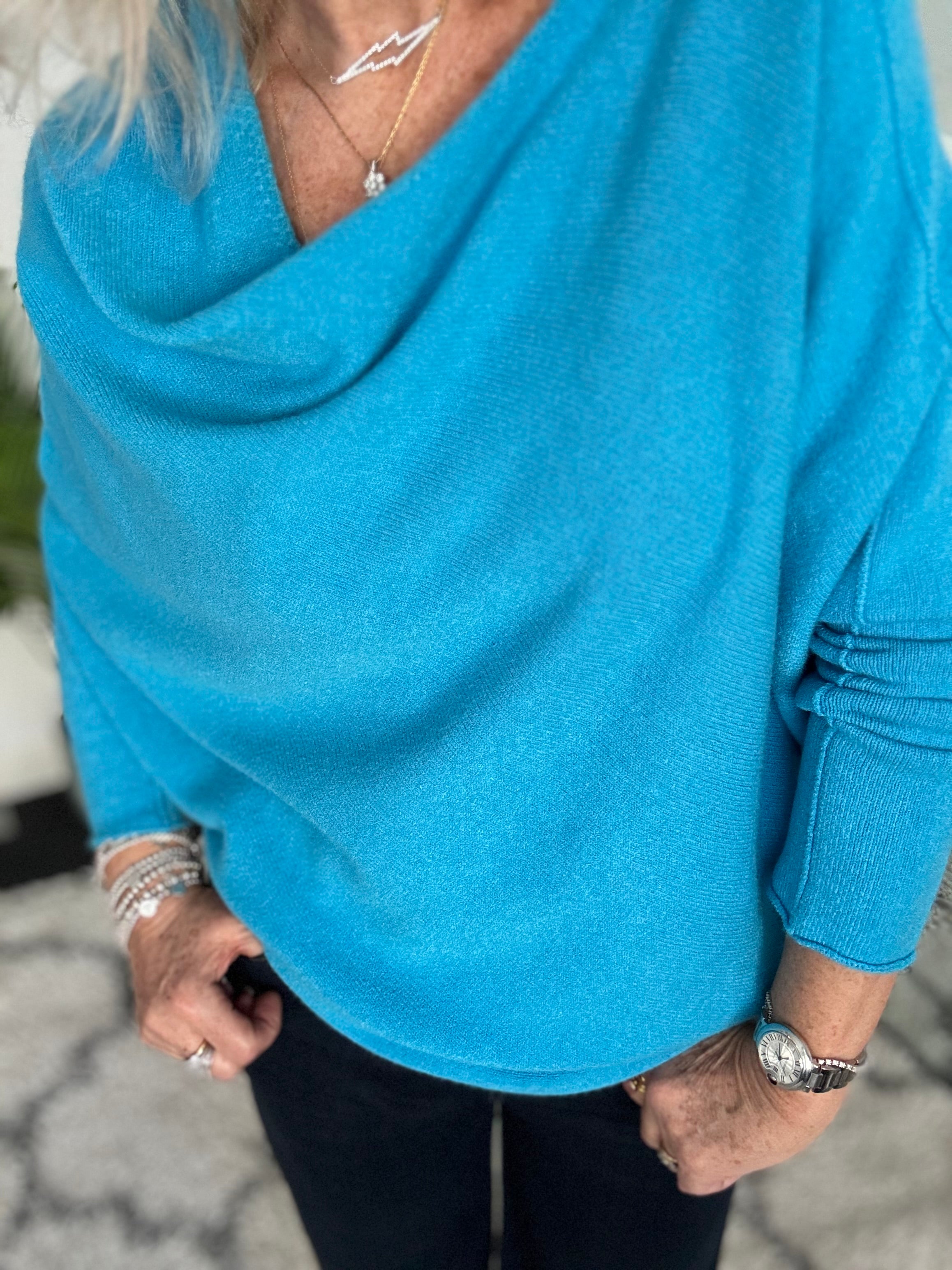Cowl Neck Asymmetric Jumper in Turquoise