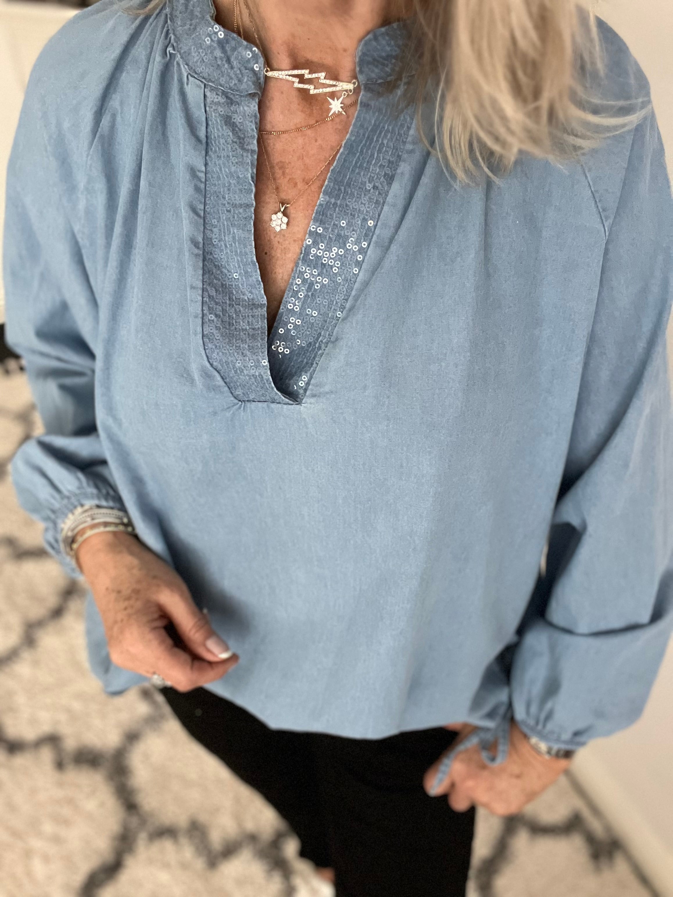 Chambray Shirt with Sequin Detail