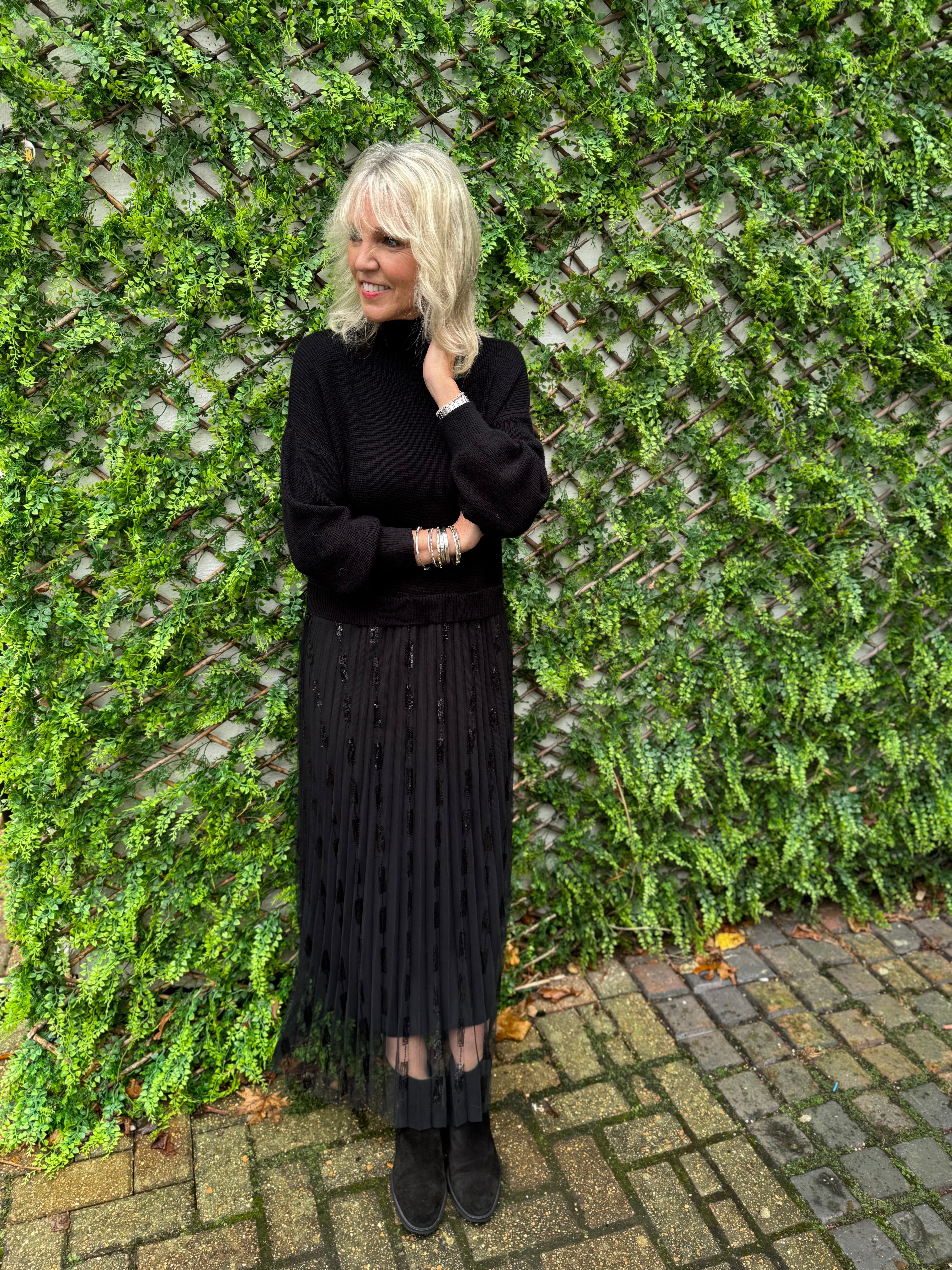 Luxe Knit & Sequin Tulle Dress in Black