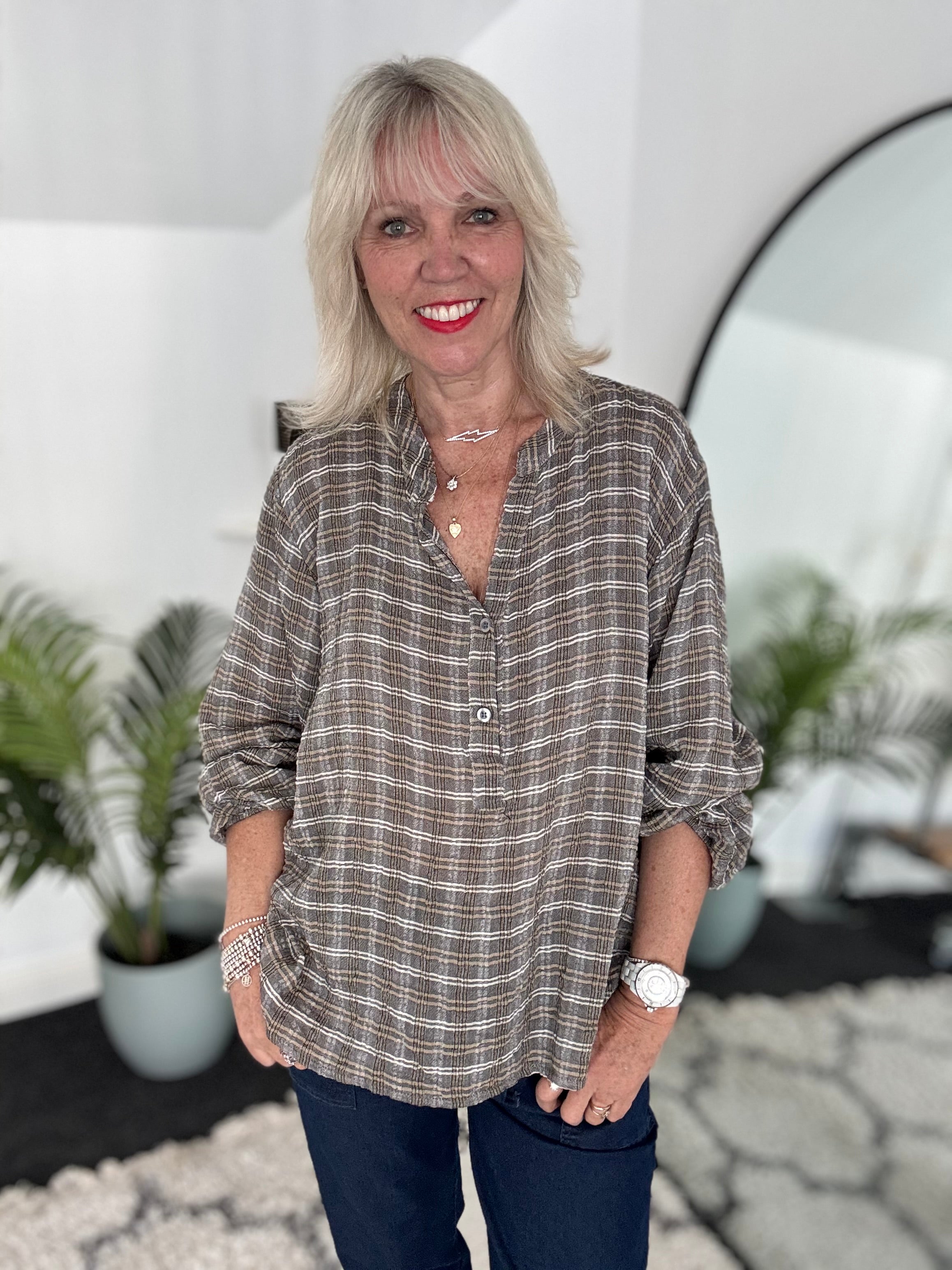 Checked Seersucker Shirt in Mocha