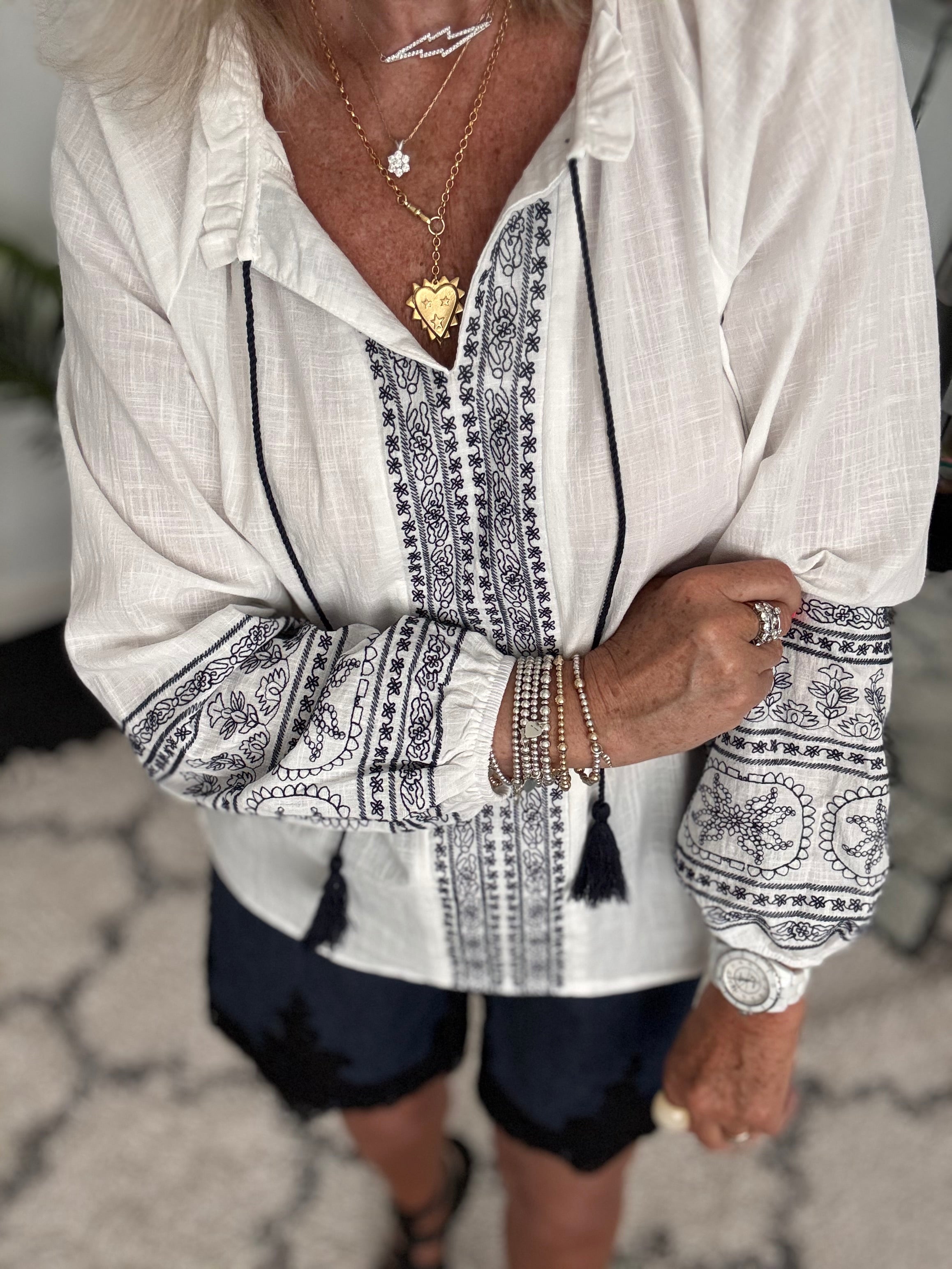 Embroidered Cotton Blouse in White & Navy