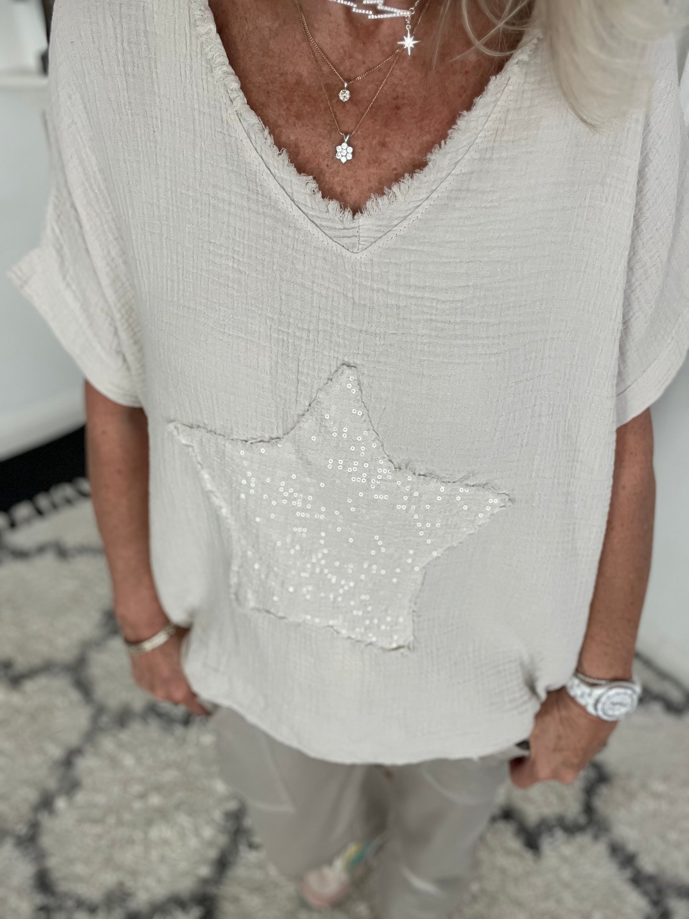Cheesecloth Star Top with Frayed Neck in Ecru