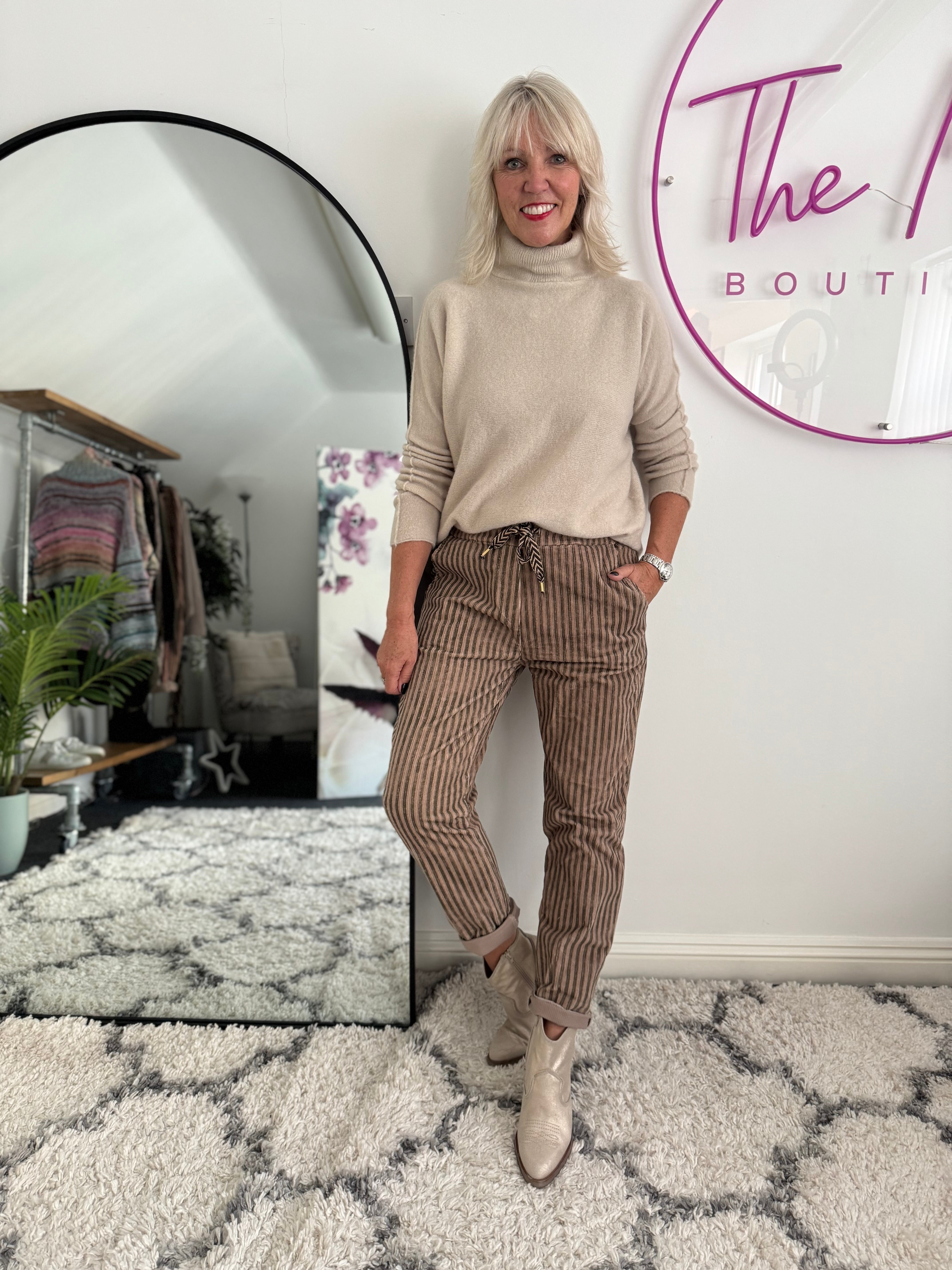 Chenille Cord Joggers in Mocha & Khaki Stripe