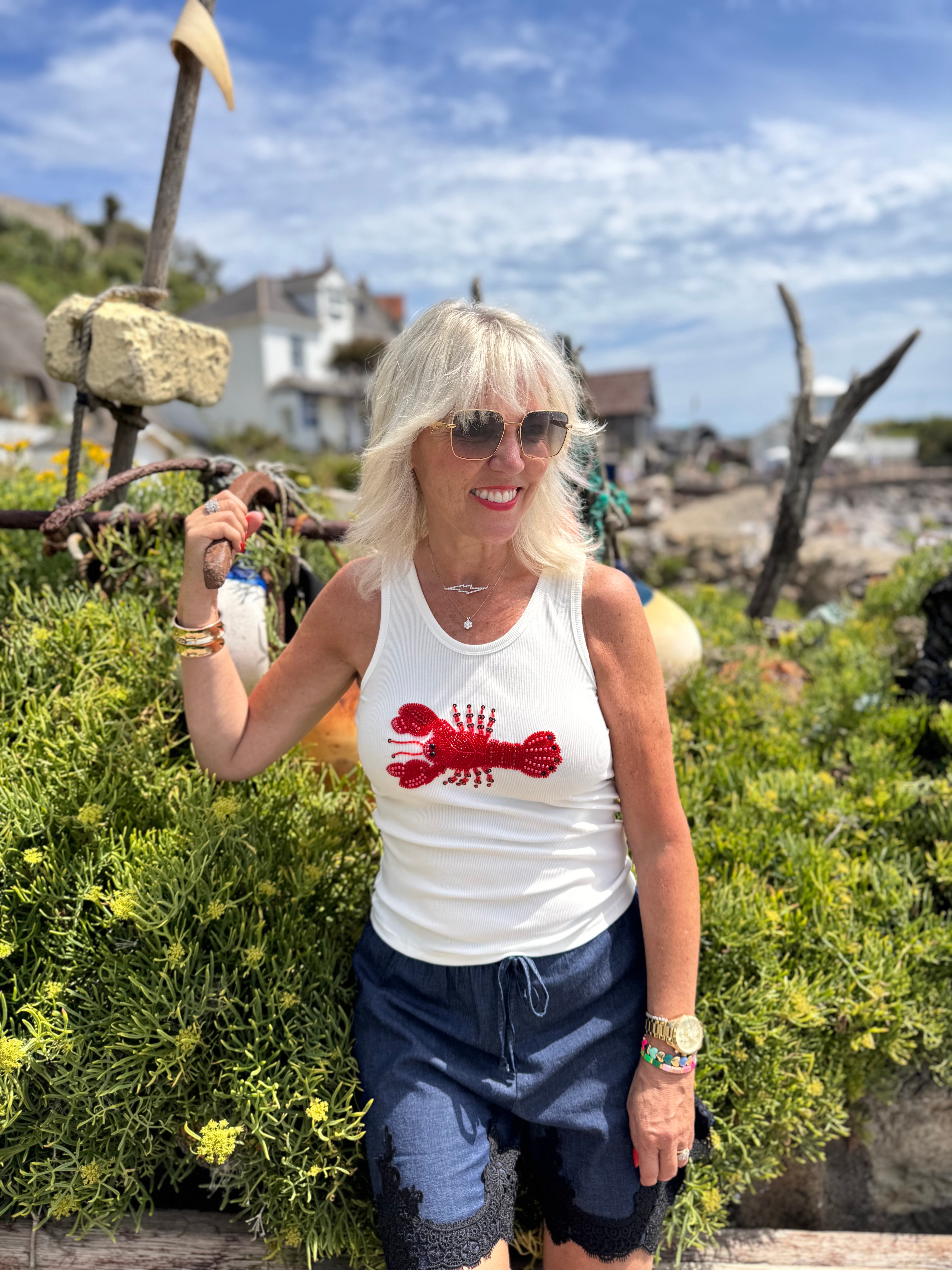 Designer Ribbed Vest with Beaded Lobster