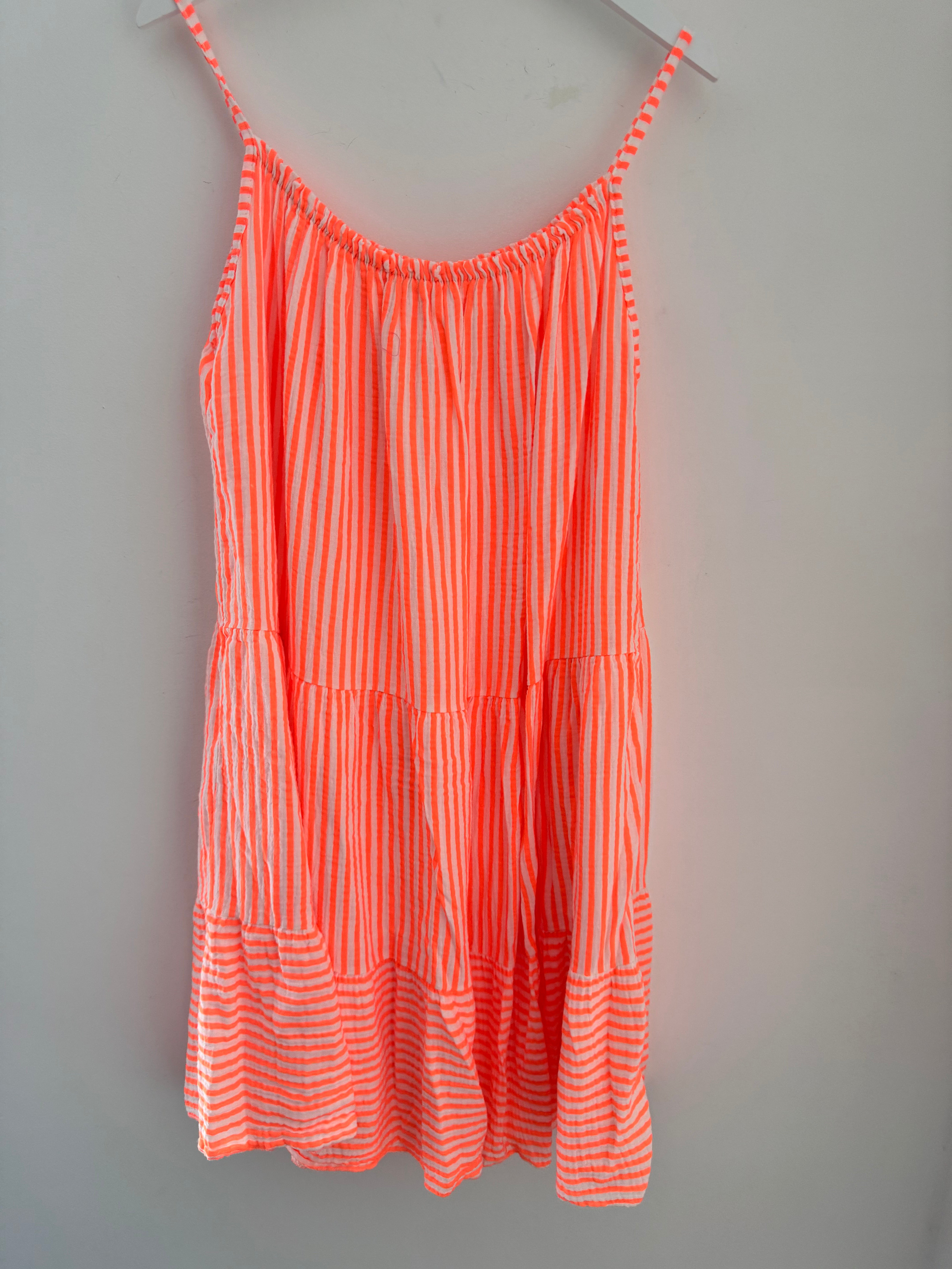 Stripe Cheesecloth Dress in Neon Orange & White