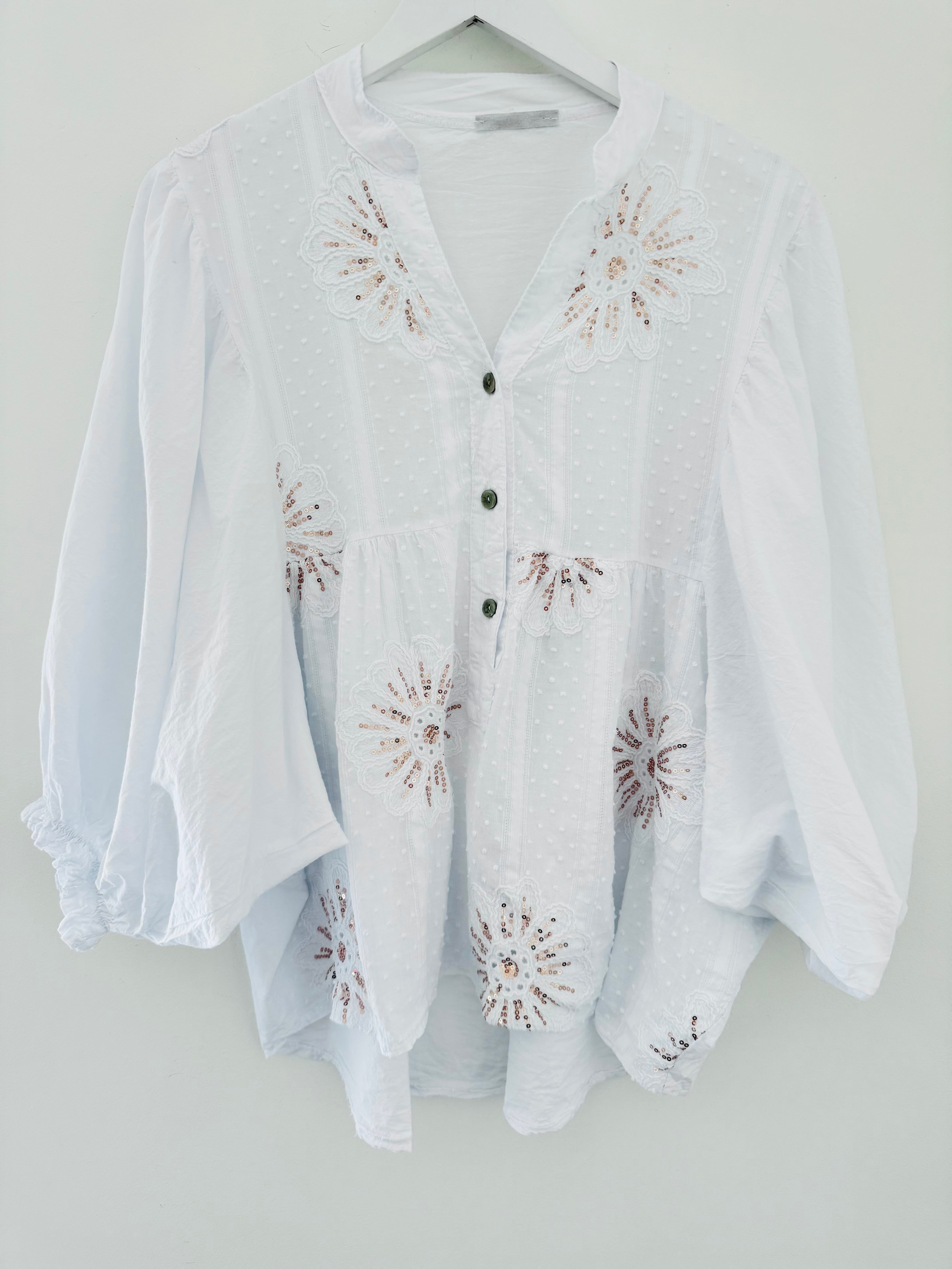 White Cotton Blouse with Sequin Flowers