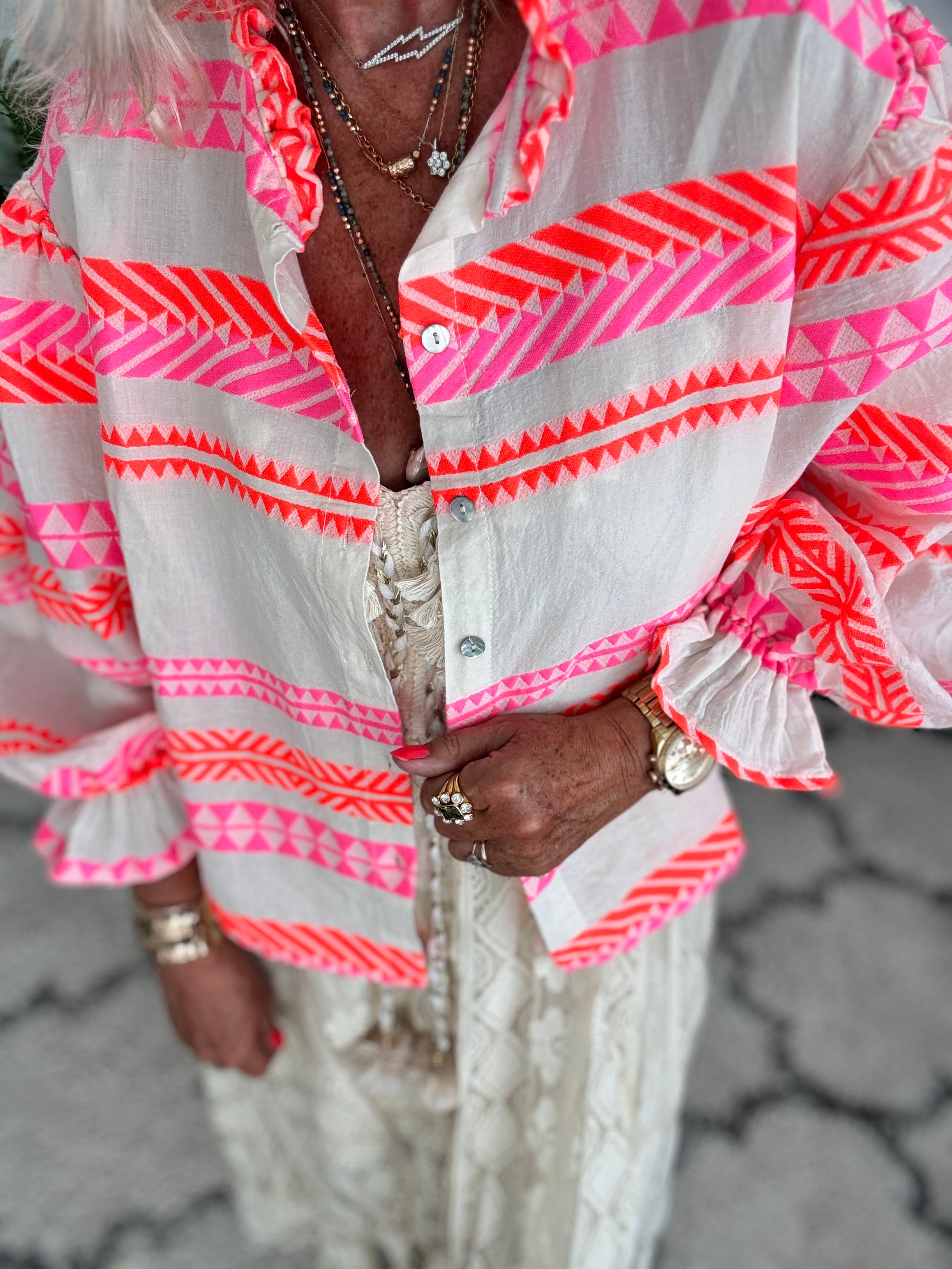 Embroidered Shirt in Neon Pink & Orange