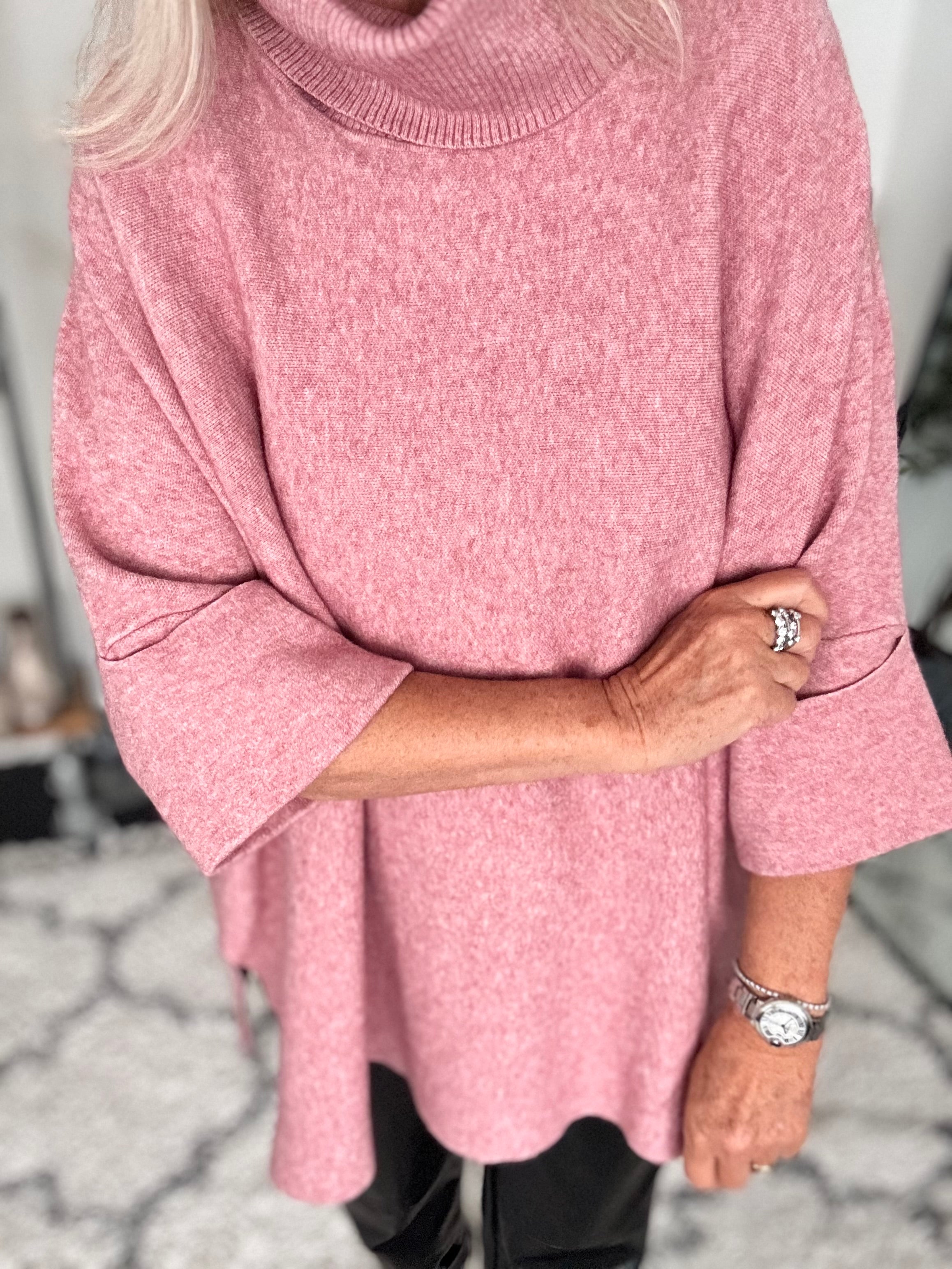 Oversized Roll Neck Poncho Jumper in Pink