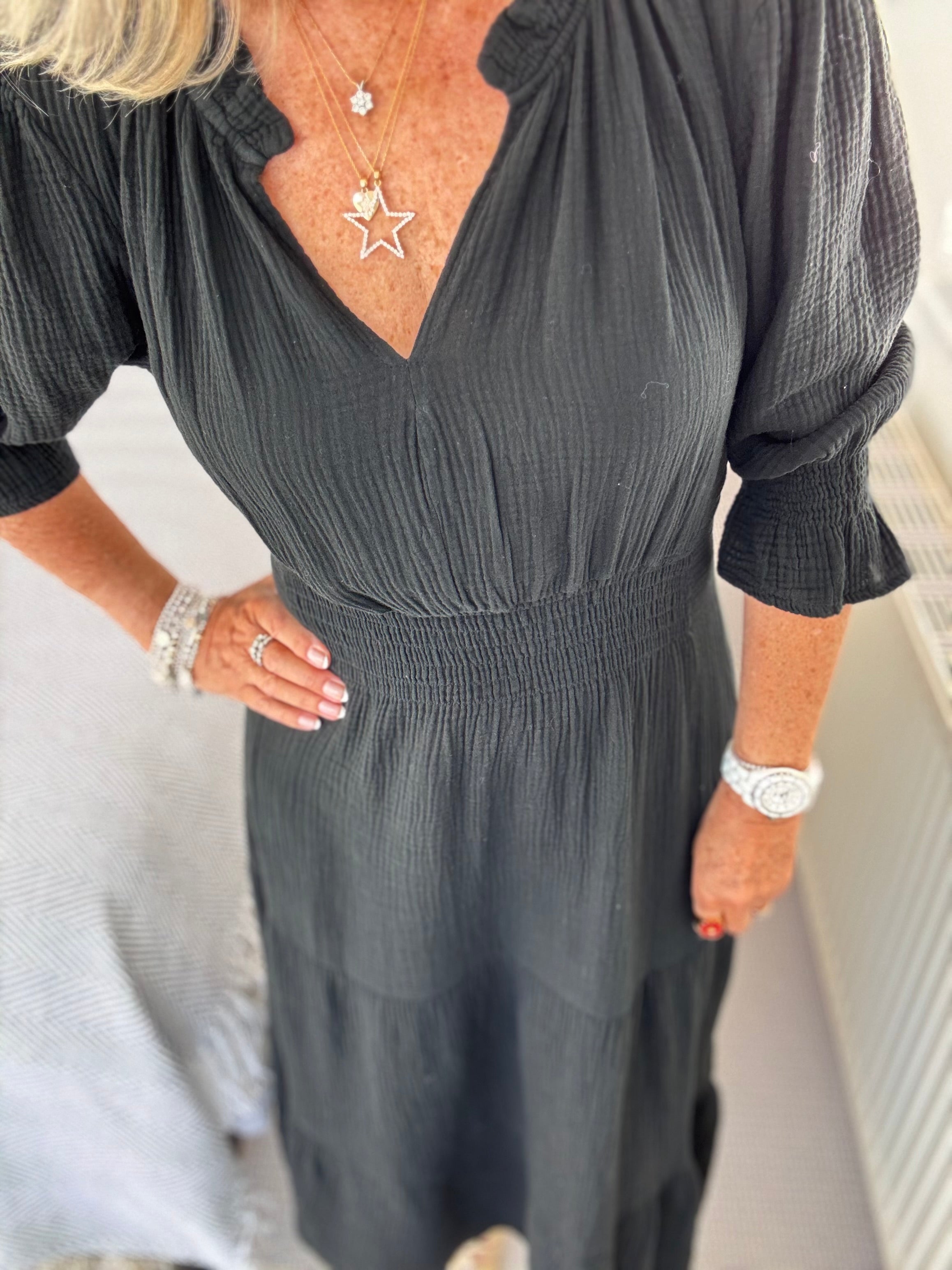 Cheesecloth Midi Dress in Black