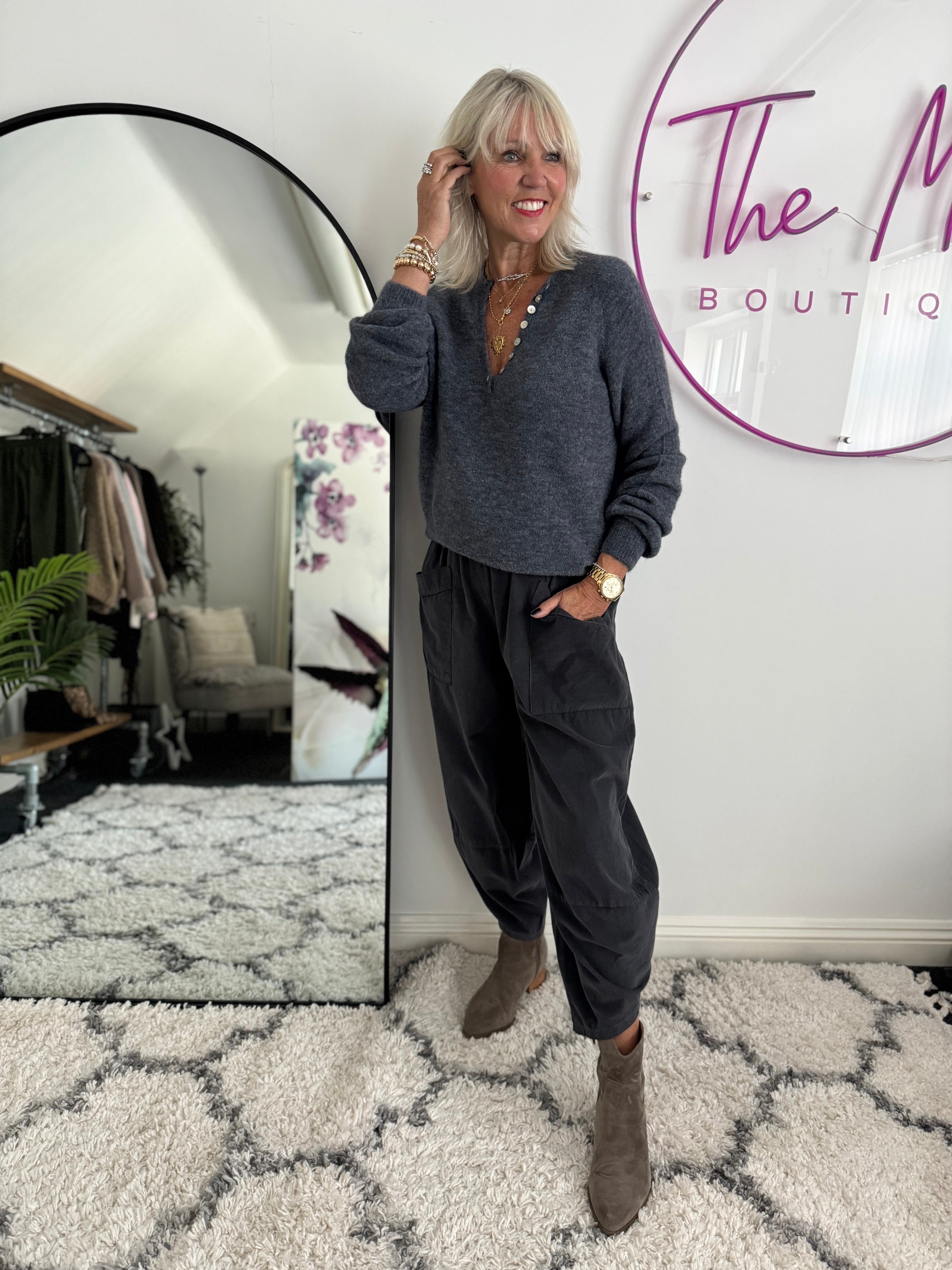 Cord Barrel Leg Trousers in Charcoal