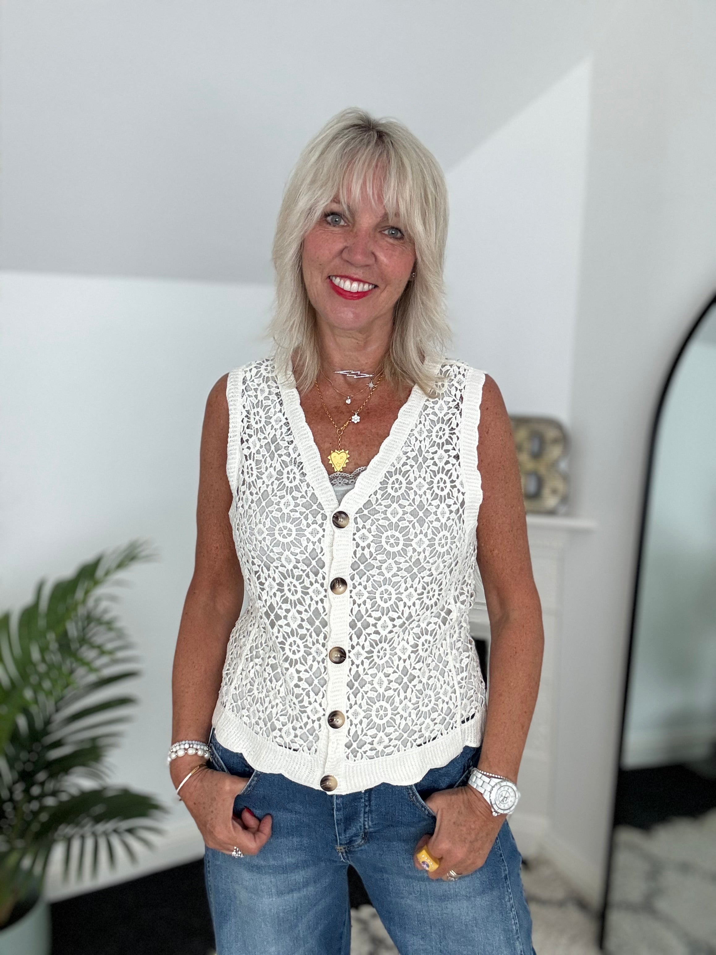 Crochet Buttoned Waistcoat in Ivory