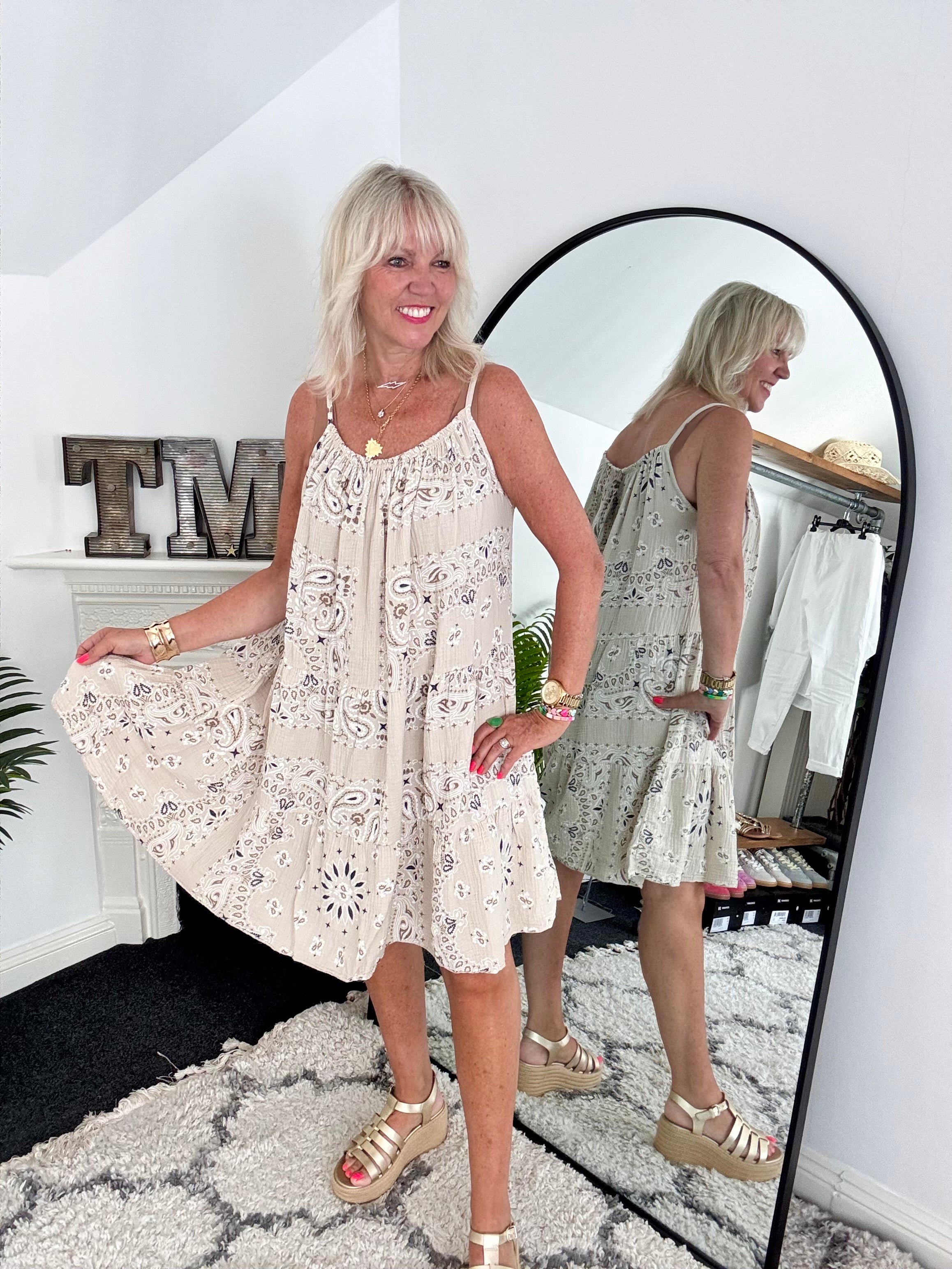 Paisley Cheesecloth Dress in Stone