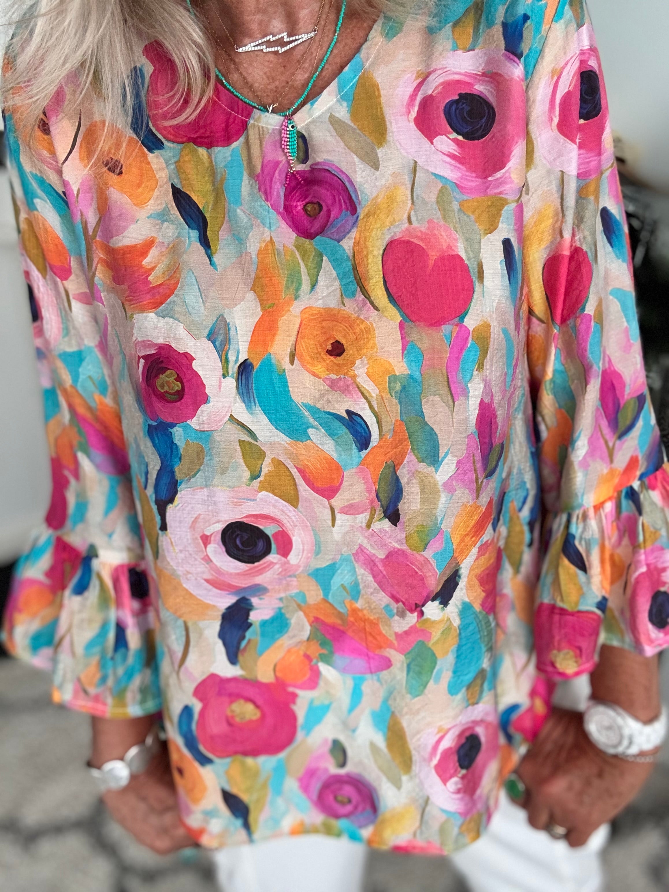 Silky Floral Top with Ruffle Sleeves
