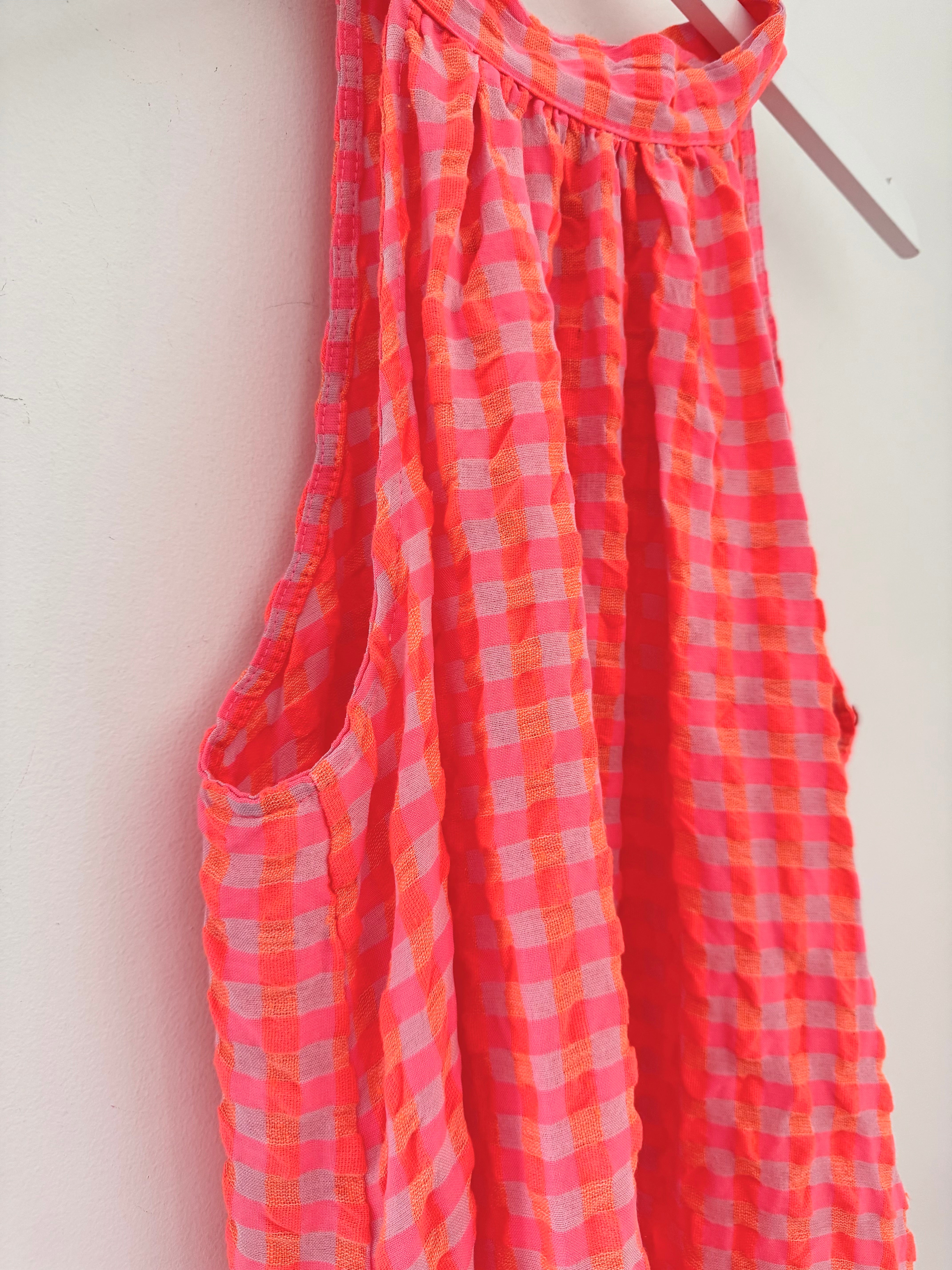 Halterneck Check Dress in Neon Pink & Orange