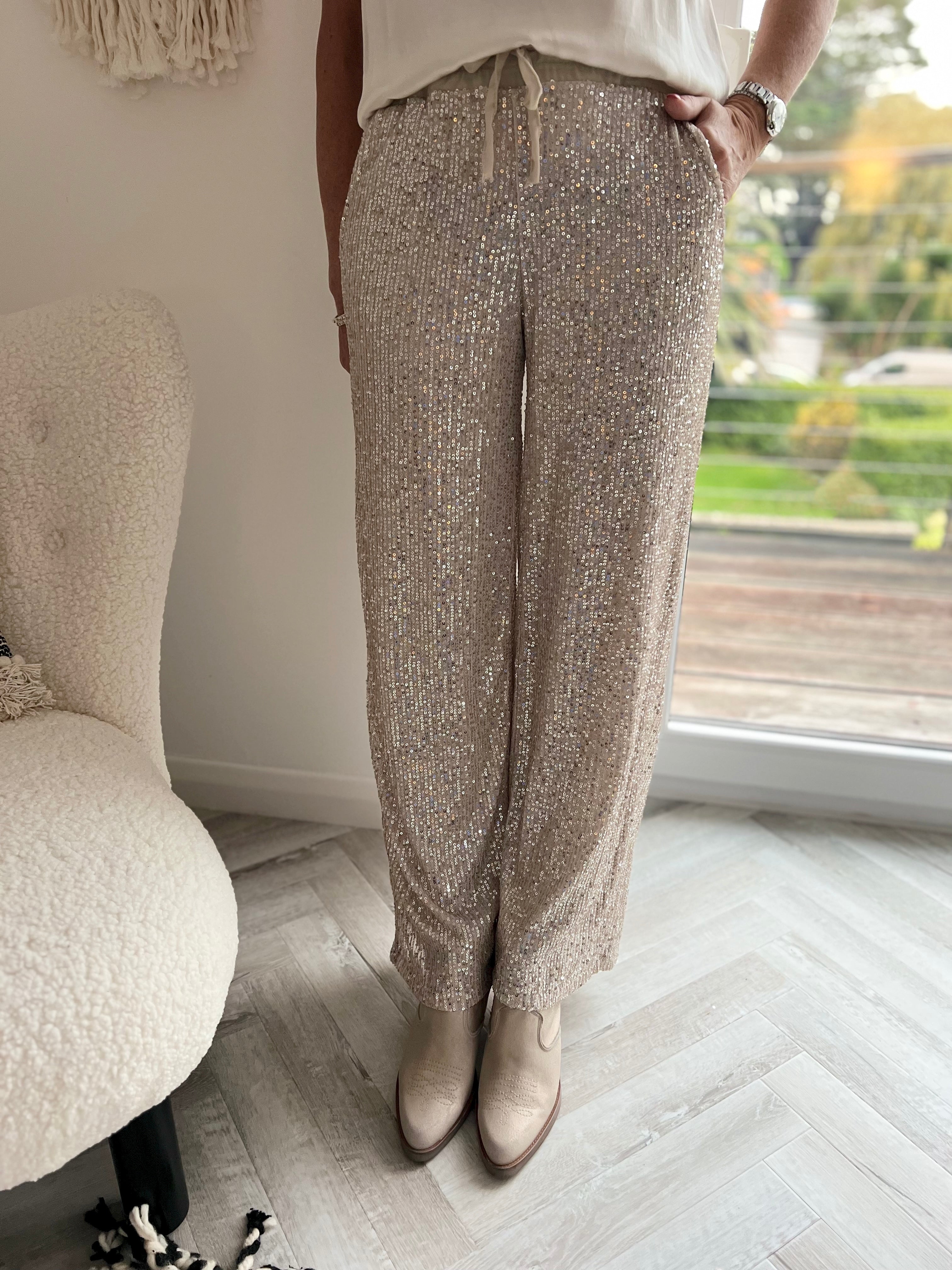 Stretch Sequin Trousers in Rose Gold
