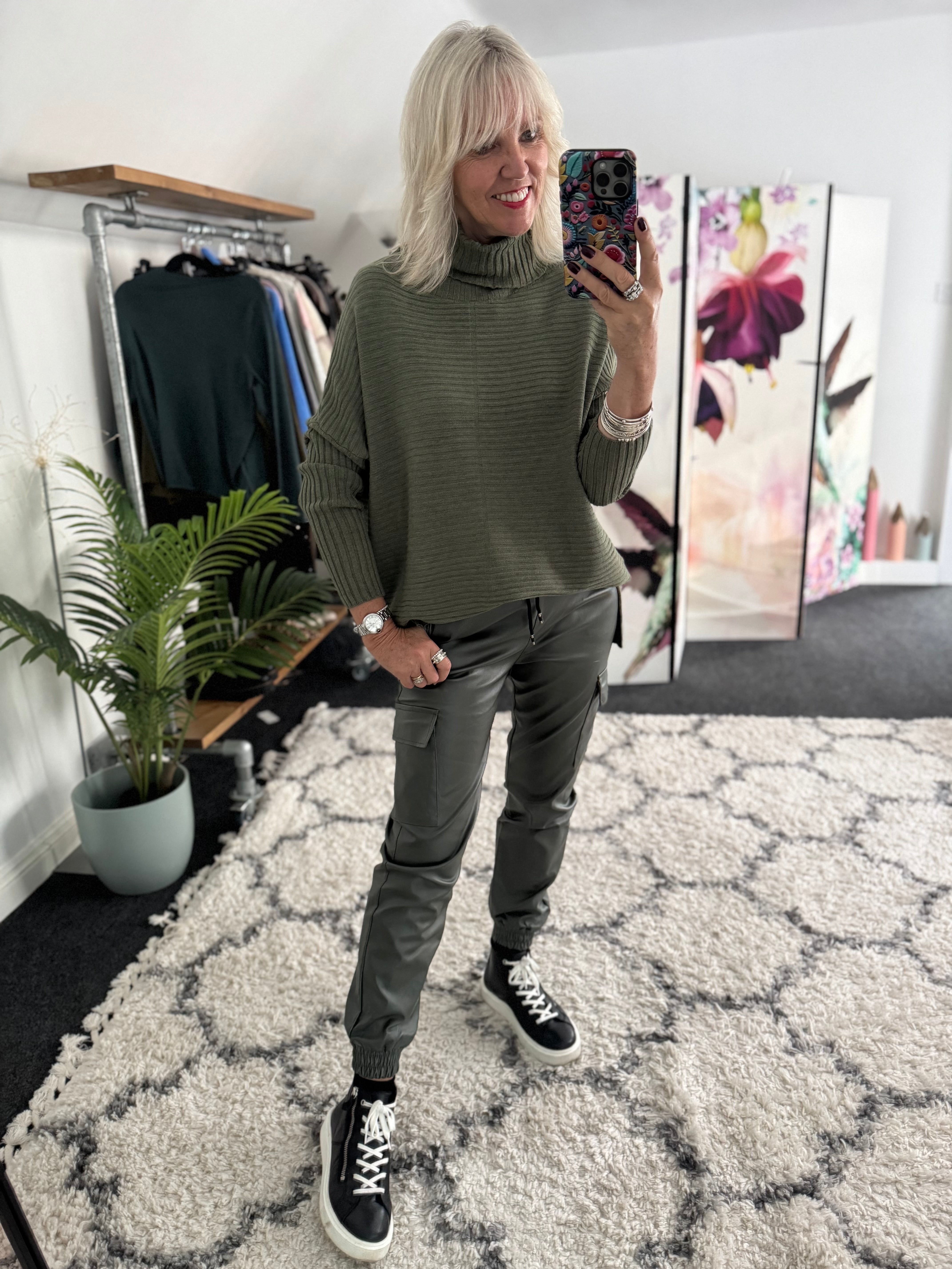 Ribbed Roll Neck Poncho Jumper in Khaki