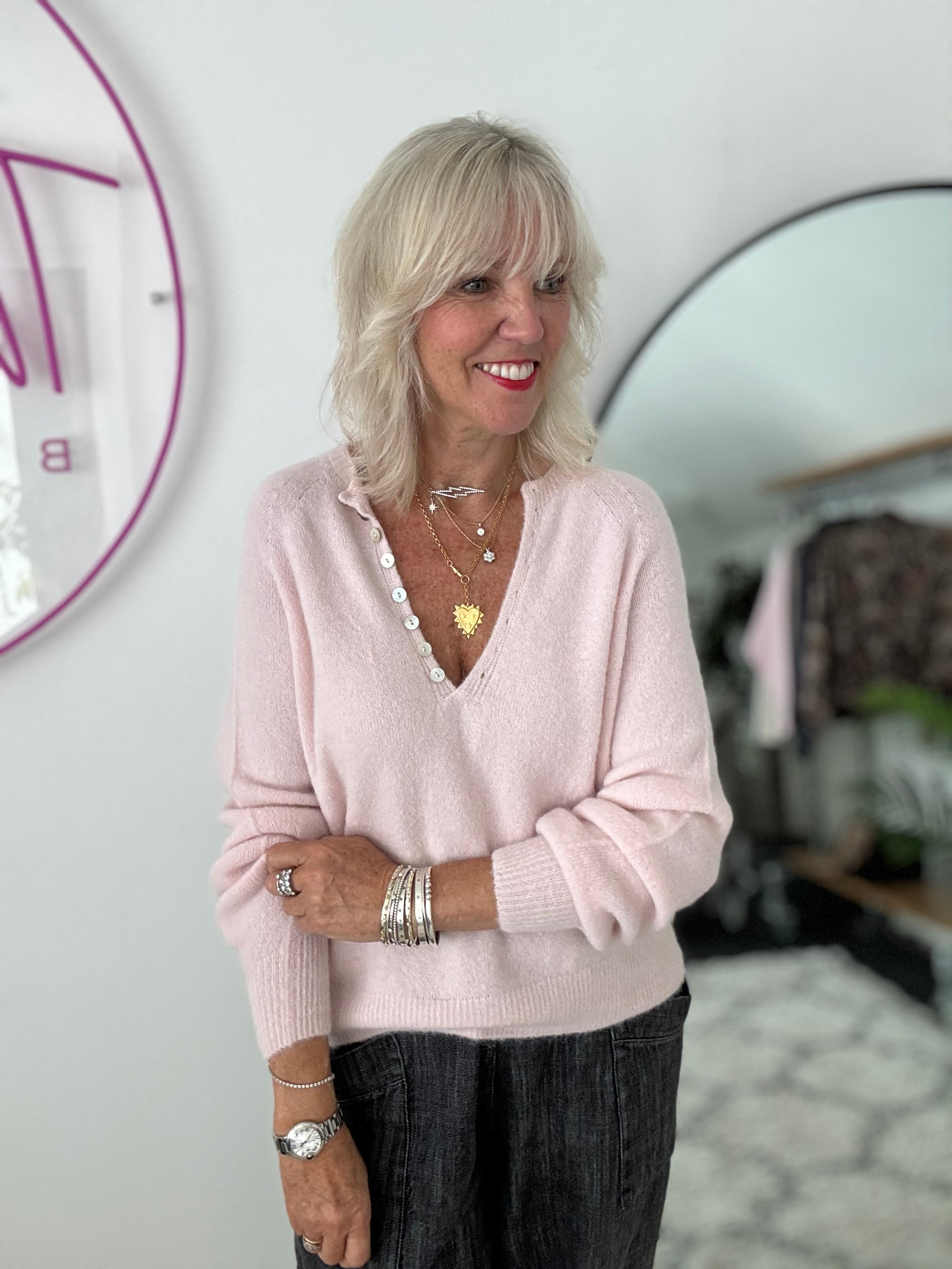 Softie Jumper with Button Neck in Soft Pink