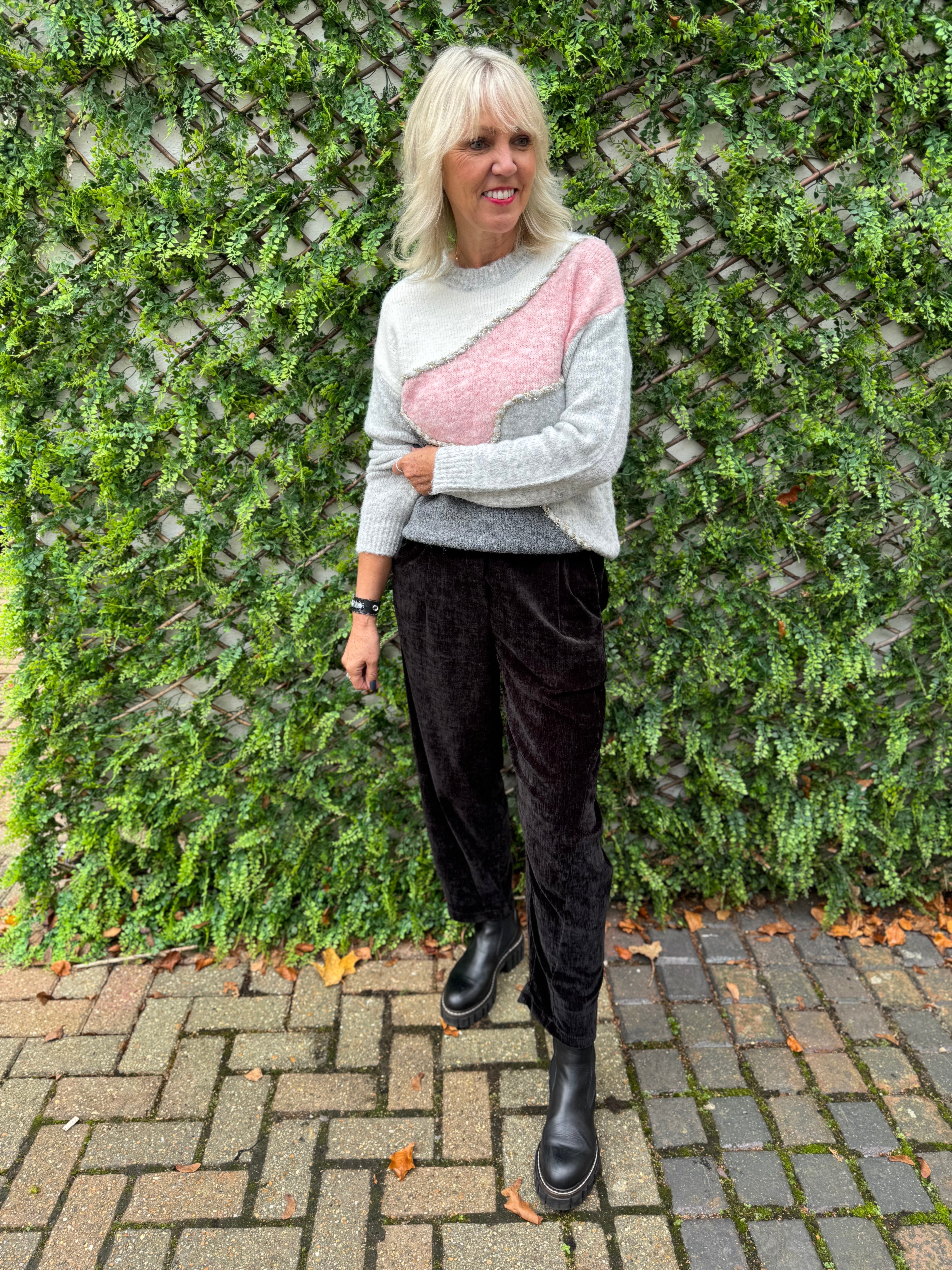 Velvet Stretch Boyfriend Trousers in Black