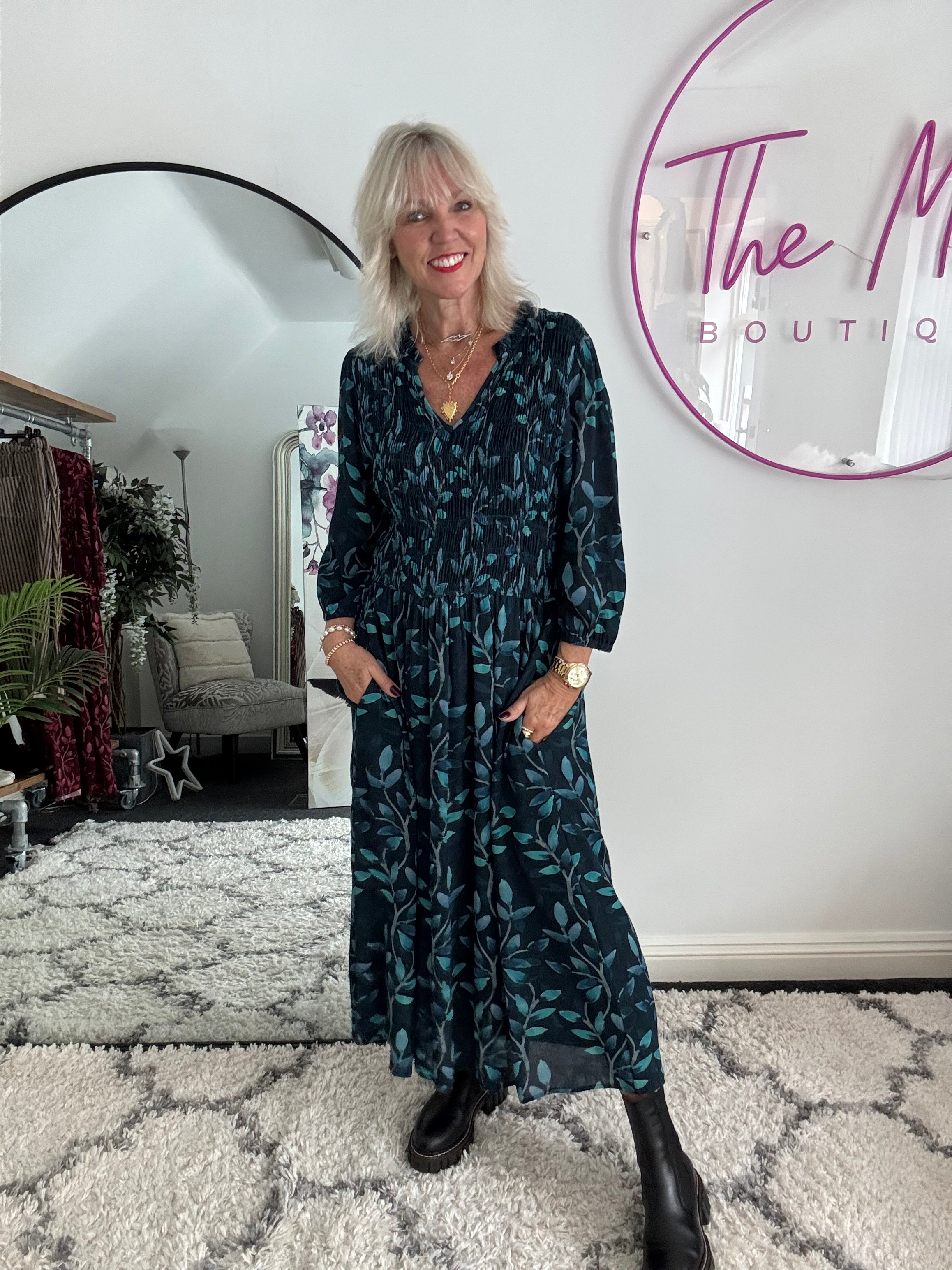 Leaf Print Dress with Shirred Bodice in Teal