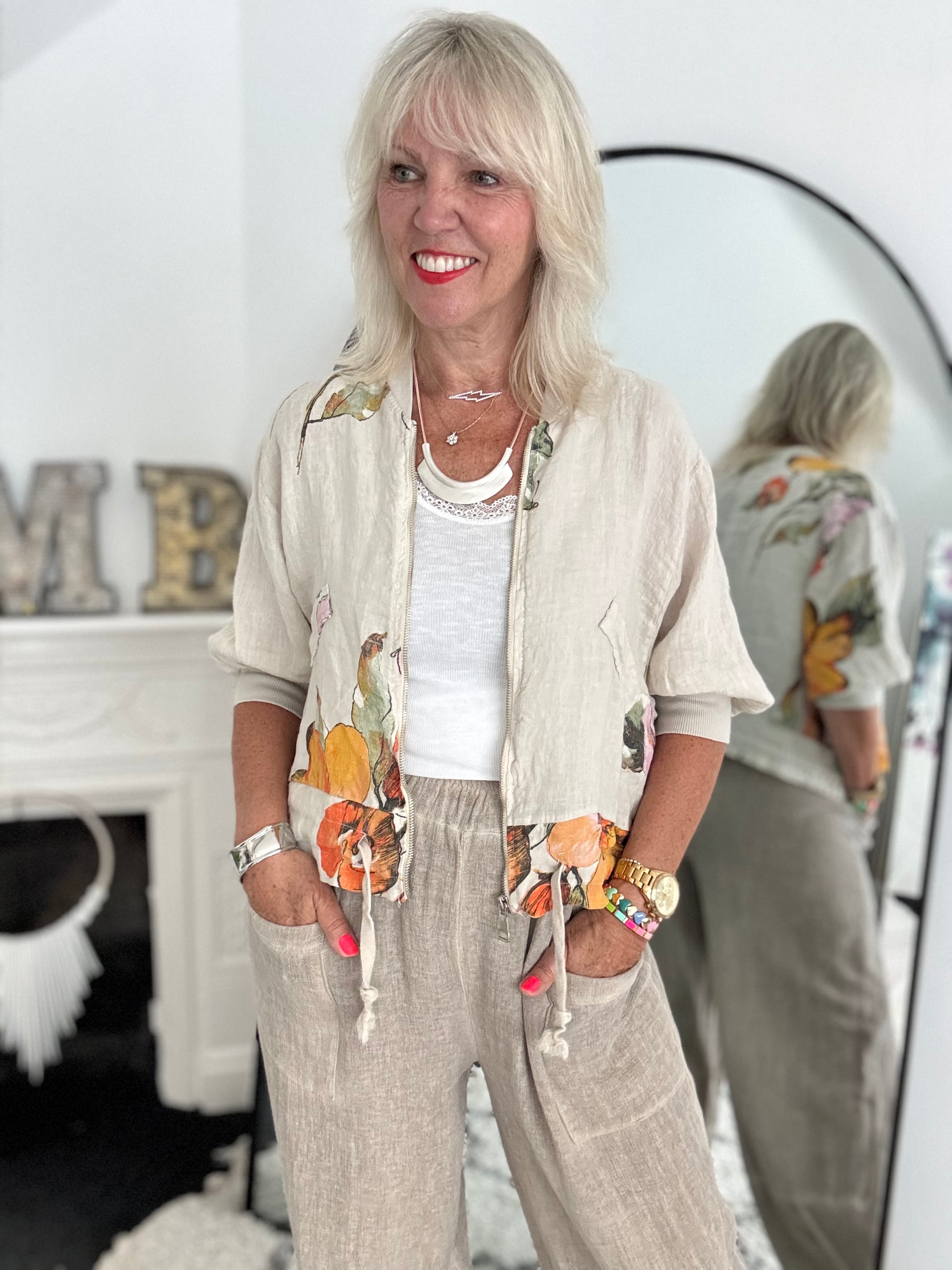 Linen Bomber Jacket in Light Mocha