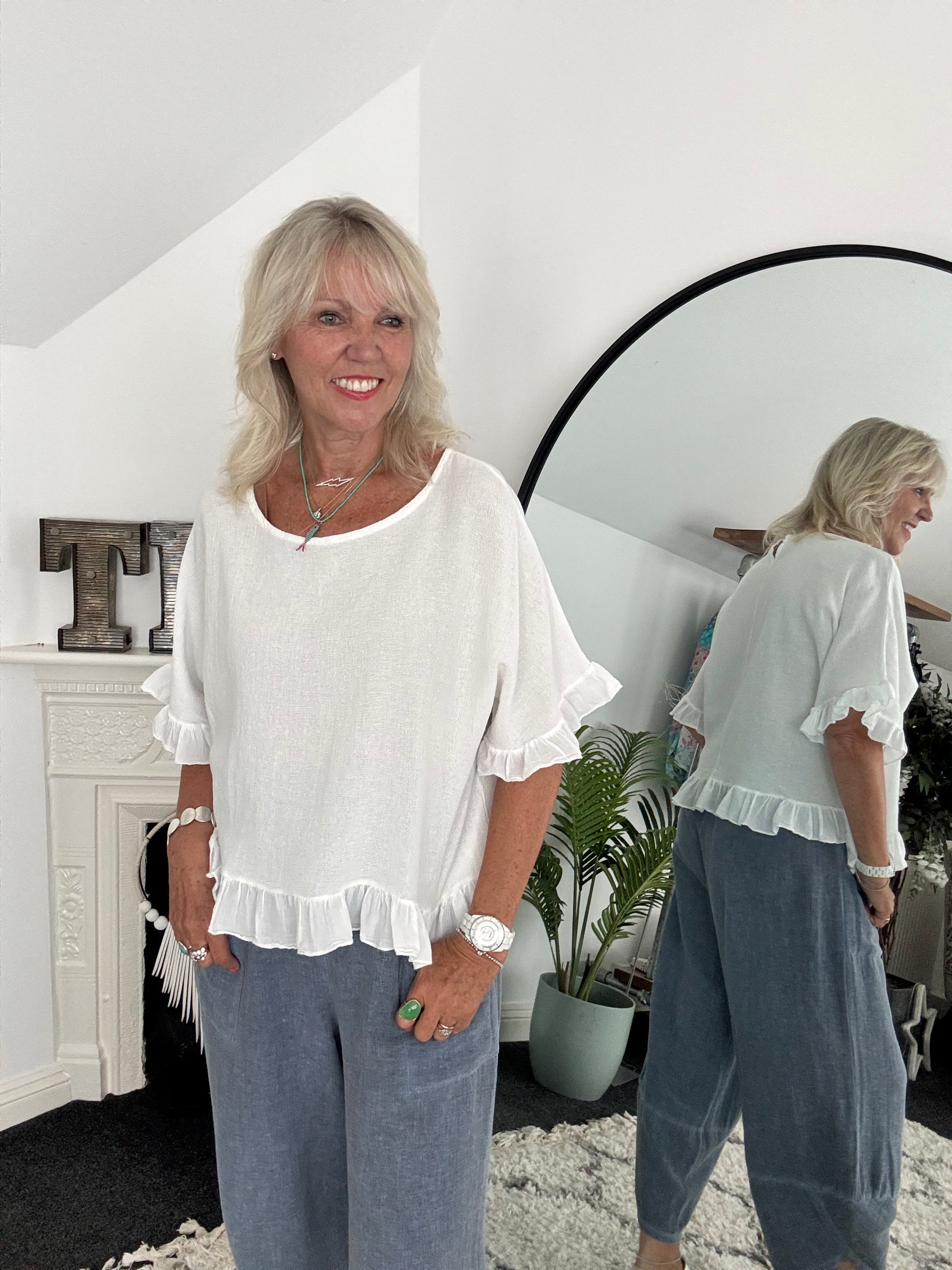 Linen & Cotton Ruffle Edge Top in White